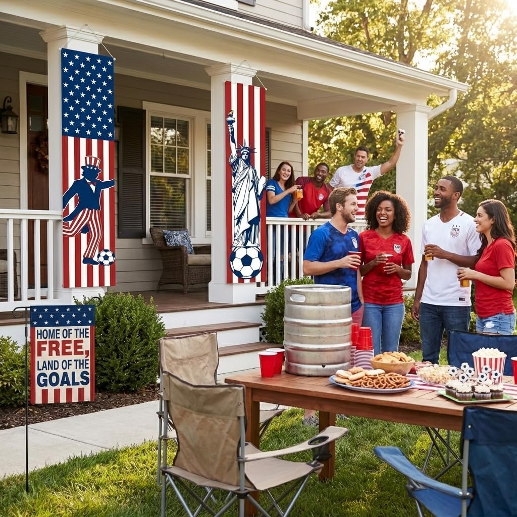 4th of July Decor Soccer Theme Porch Banners & Patriotic Garden Flags Set - Uncle Sam & Liberty American Flag Decor, Patriotic Decorations for Independence Day Outdoor Yard Sign (3 Pack)