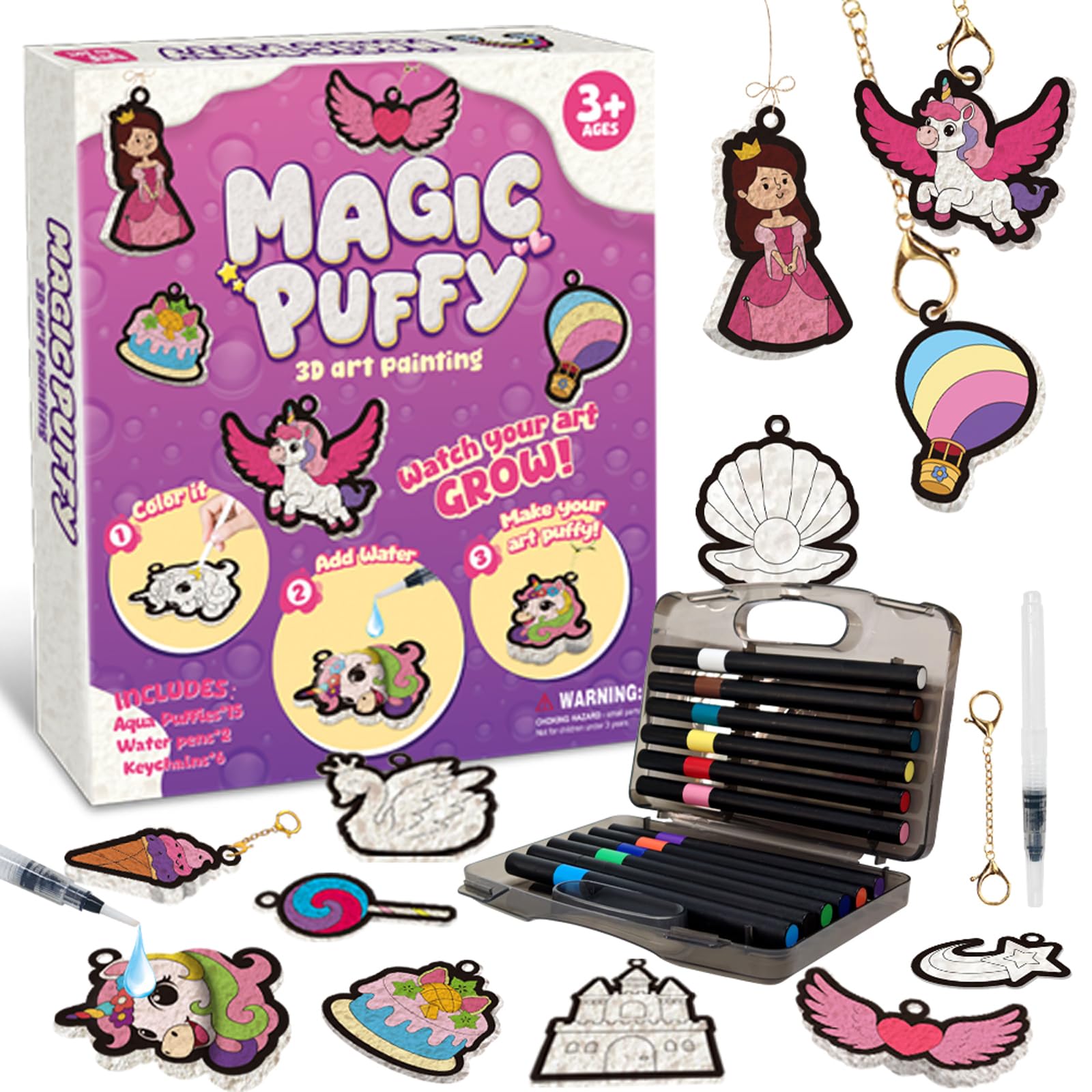 Artnedu Magic Puffy Paint Kit for Kids Foam Texture Painting Set with 12 Colors Pens (Princess Puffy Painting Kits)