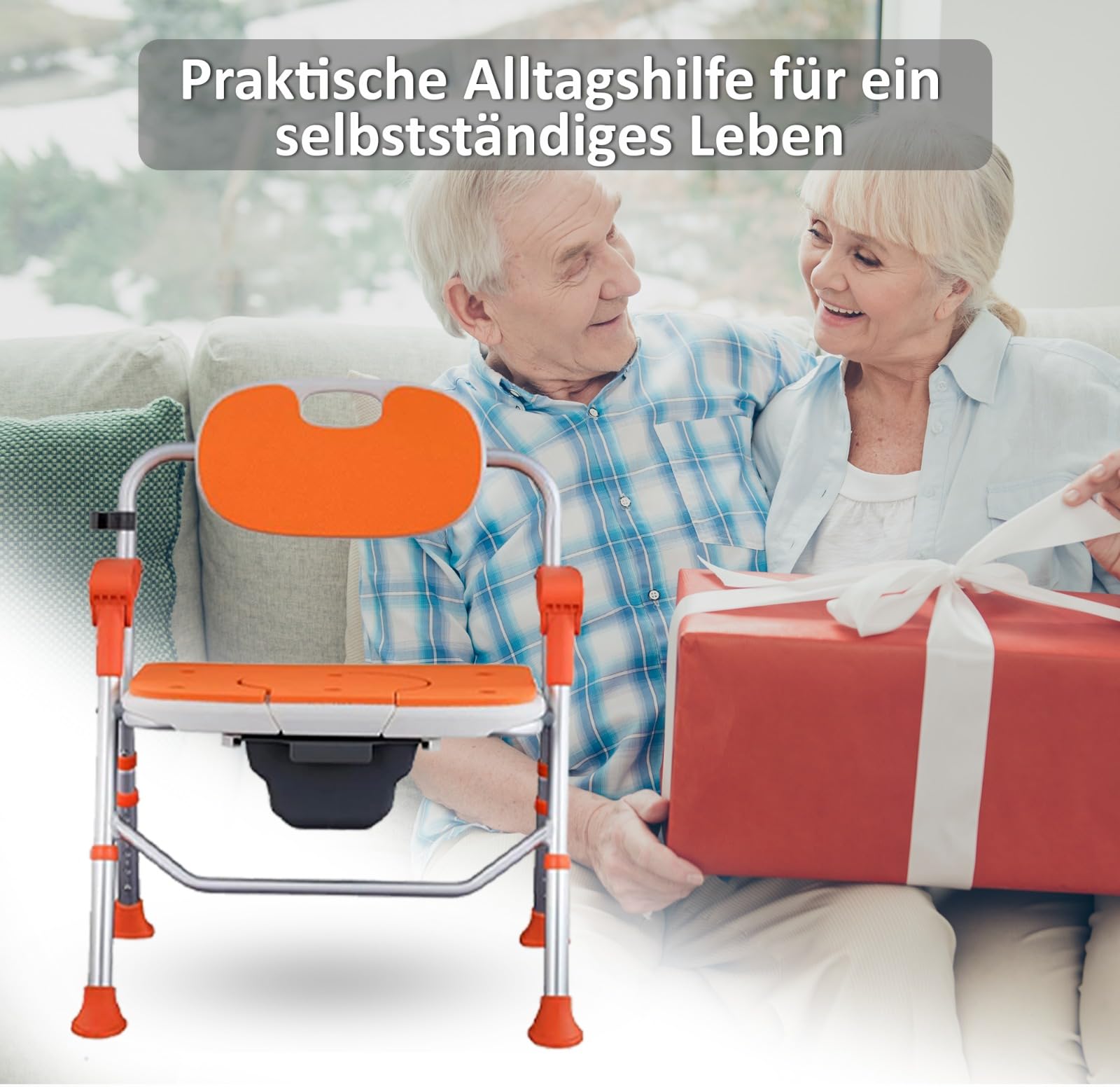 Duschstuhl faltbar, höhenverstellbar, robuster Toilettenstuhl bis 150 kg belastbar, rutschfeste WC Sitzhilfe mit Rückenlehne/Armlehnen - Deutsche Anleitung und QR-Code.