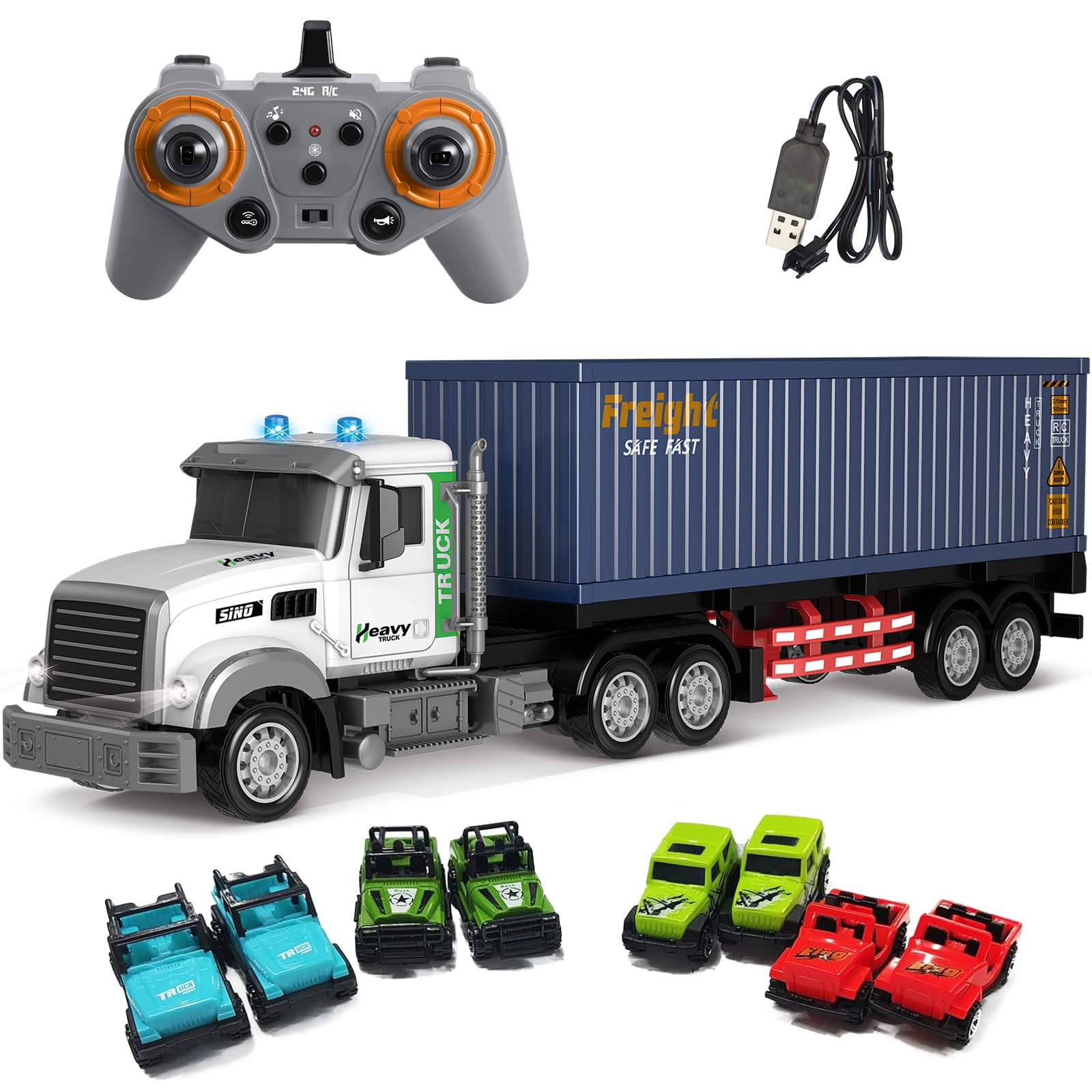 Mostop RC Container Transporter Truck, 10WD ABS & Metal Transport Vehicle,Remote Control Large Transportable Carriages with 8 Trolleys,transporter lorry toy with Lights and Sounds Gifts — image 1