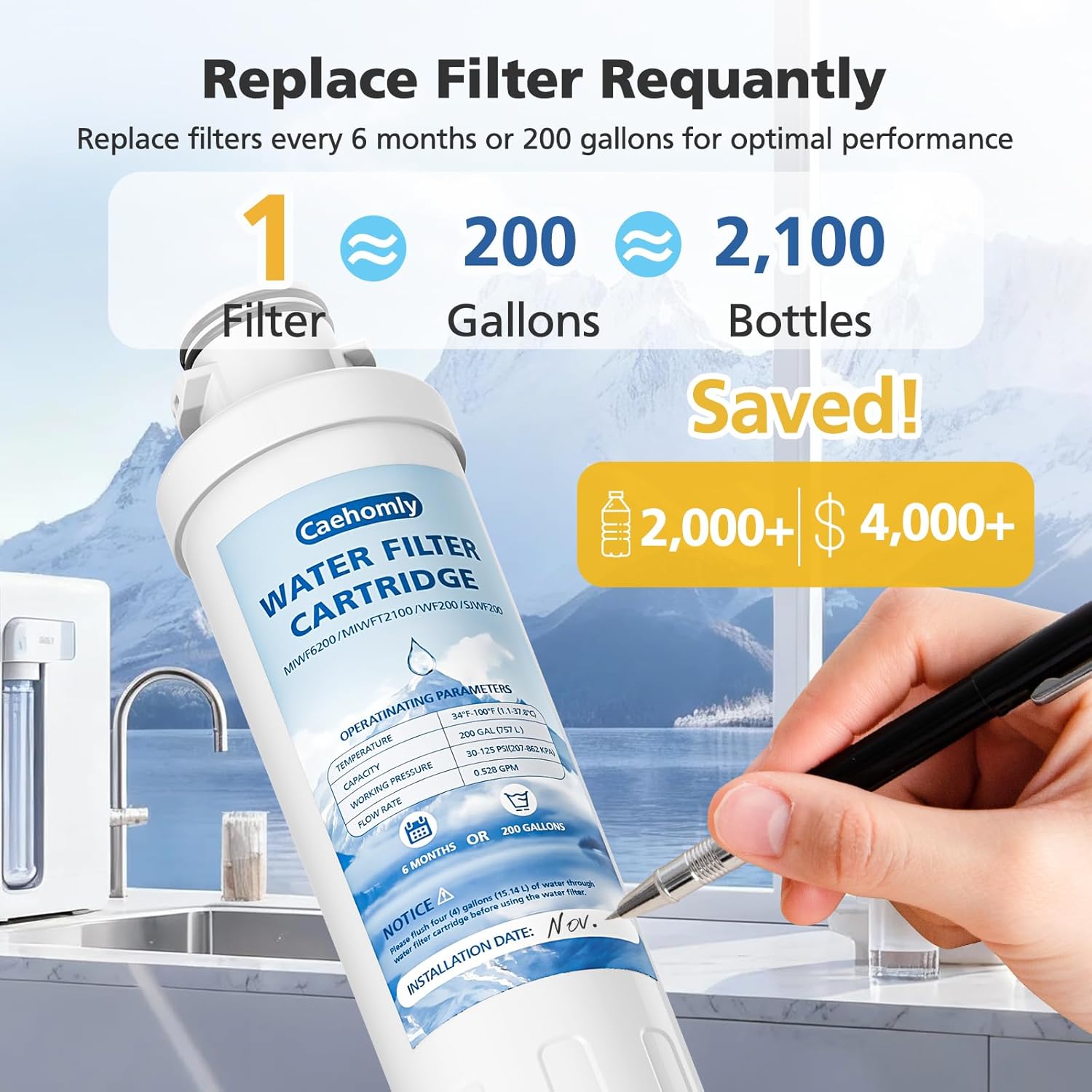 2 PACK MIWF6200 Water Filter Cartridge Compatible with Midea MRS26D5AST, MIWF6200, MF-2008-R2, For Sharp SJWF200, SJG2254FS, For Thor Kitchen WF200, For Zline MIWFT2100, RFM-W-36 Models, 200 Gallon
