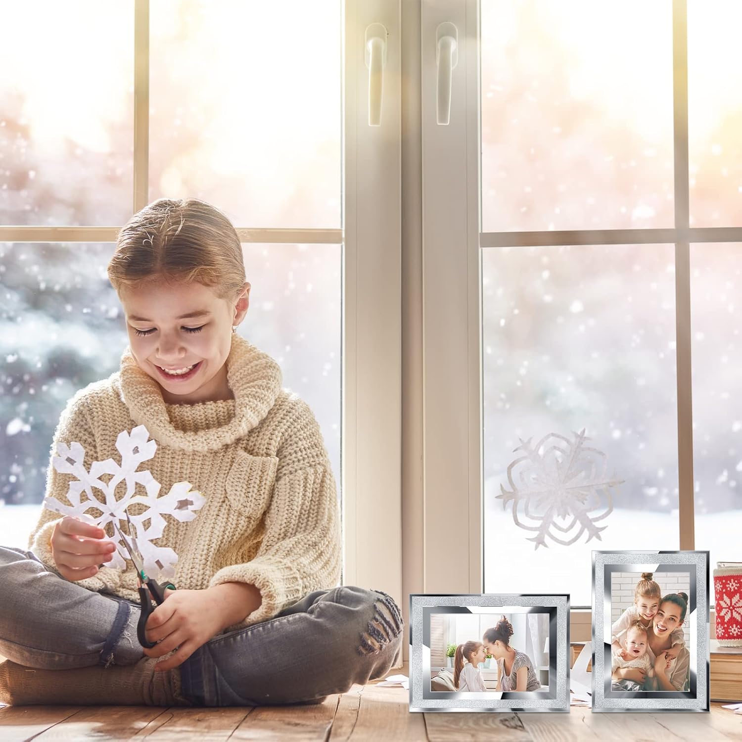 Reginary 8 Pcs 4x6 Glass Picture Frames, Sparkle Silver Photo Frame Glitter Crushed Diamond Frame Mirror Edge for Tabletop Display Horizontally or Vertically Gift Wedding Self Desk