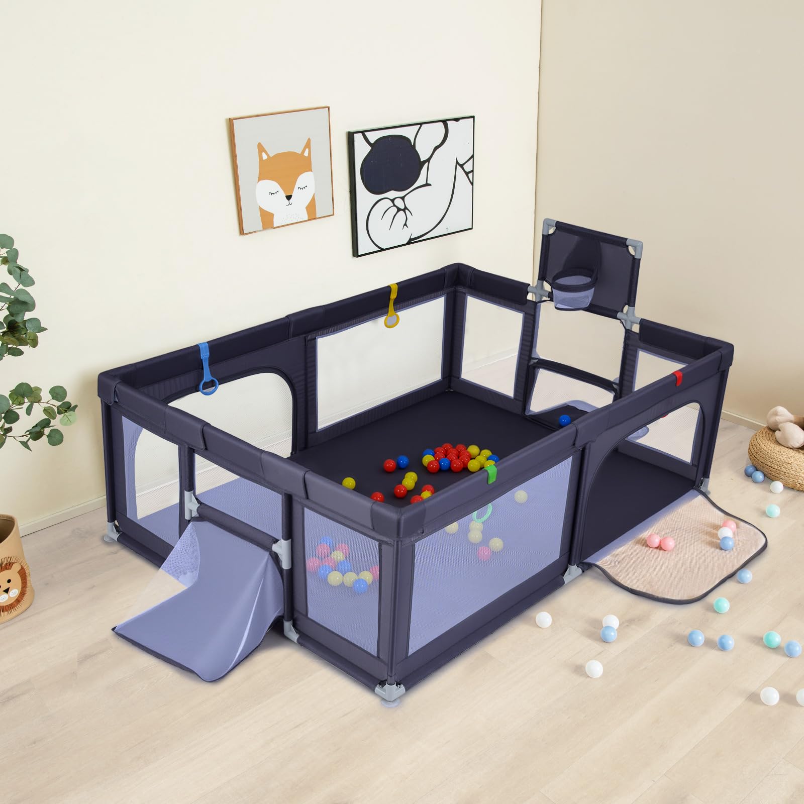 COSTWAY Box Neonati 210x150 cm Recinto Bambini Pieghevole con Canestro Basket 2 Porte Calcio Parco Giochi 50 Palline 4 Anelli Borsa Trasporto Grigio Scuro