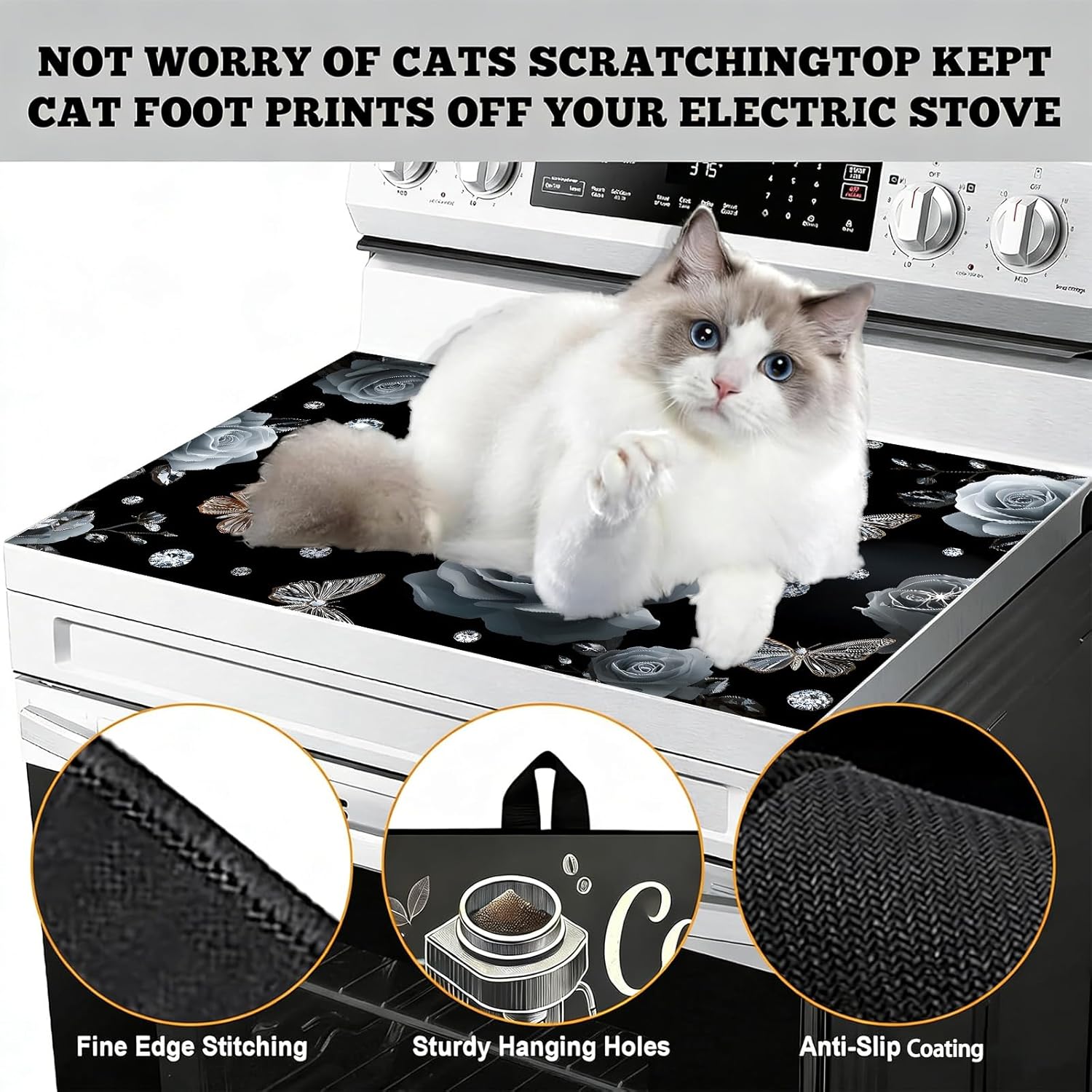 Black Rose & Gold Butterfly Stove Top Cover Mat, 28.5 x 20.5 in Cooktop Protector for Electric Glass Stove, Luxury Crystal Diamond Kitchen Decor, Helps Guard from Dust & Light Scratches