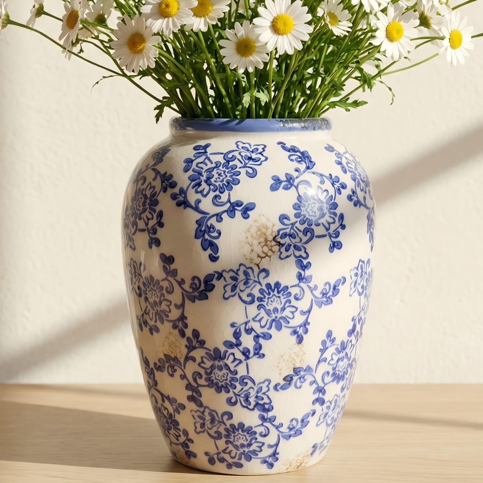 Vase vintage en céramique bleu et blanc 26cm pour fleurs