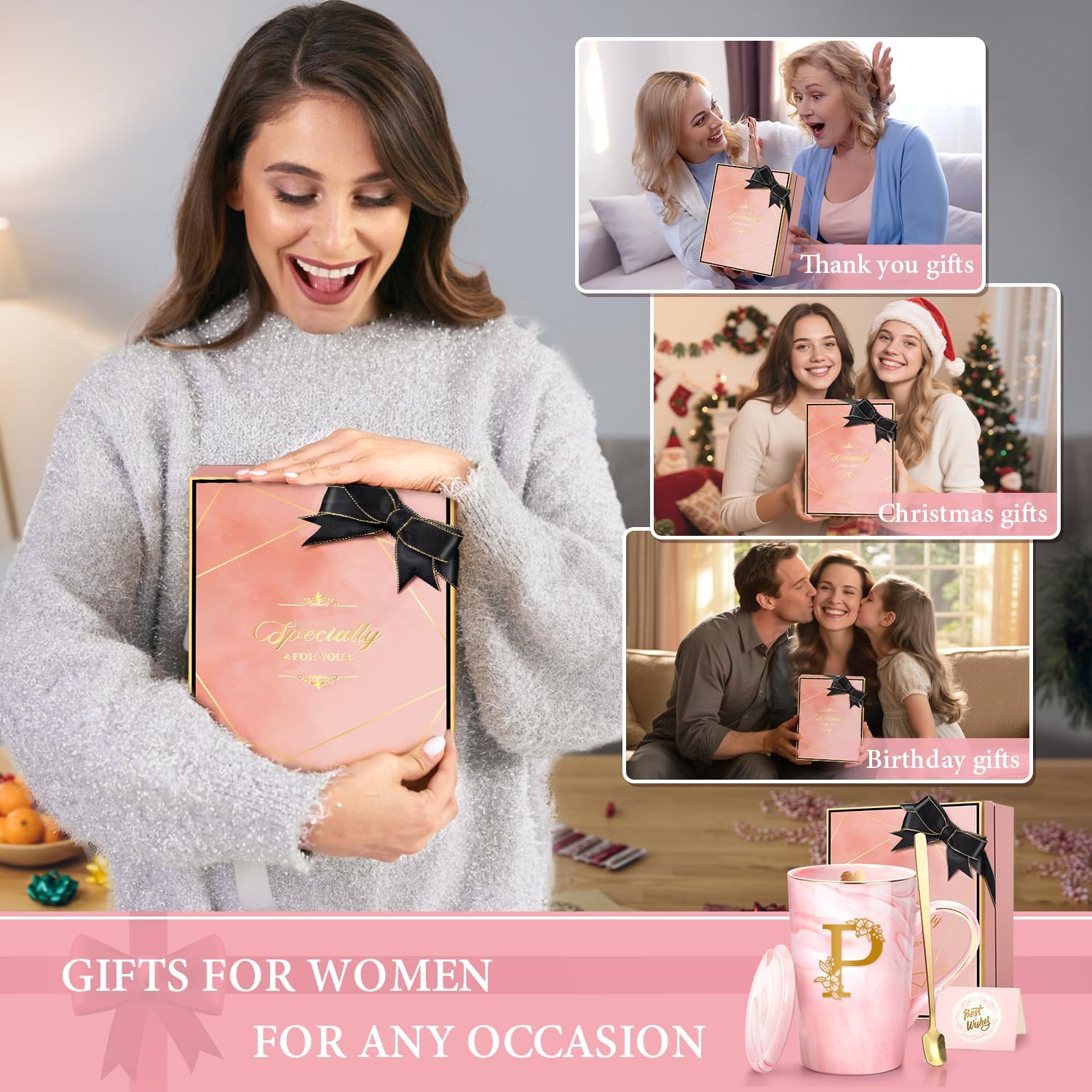 Coffee Mugs - Birthday Gifts for Women, Personalized Initial Customized Mug Tea Cup with Lid 14 Oz Pink, Spoon Greeting Card, Luxury Gift-Boxed Christmas Gift for Her Wife Mom Grandma Friend Unique,P - Image 7