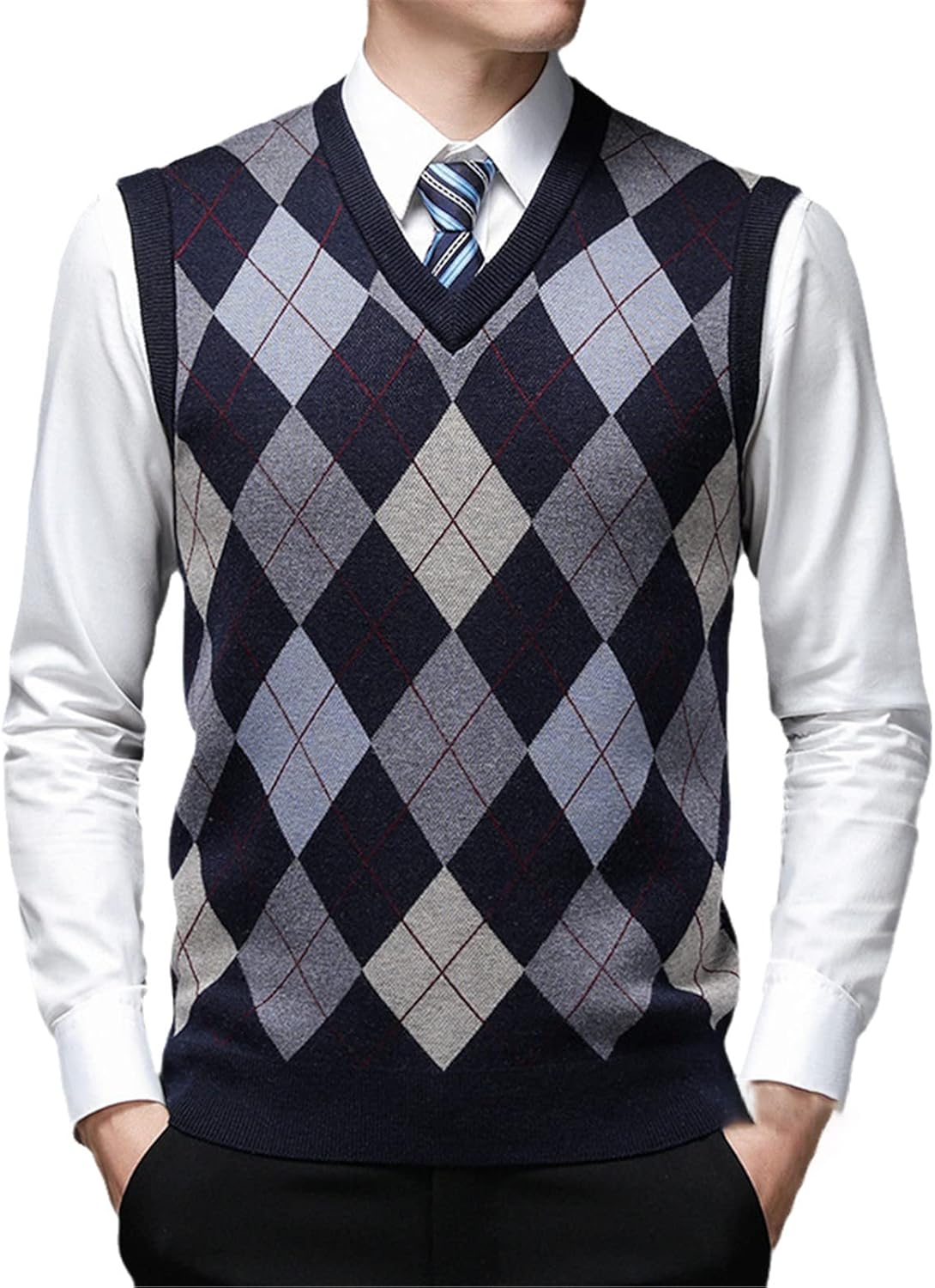 HOURVNEI Autum Fashion Pullover Diamond Sweater V Neck Knit Vest Men Wool Sleeveless Casual Men Clothing