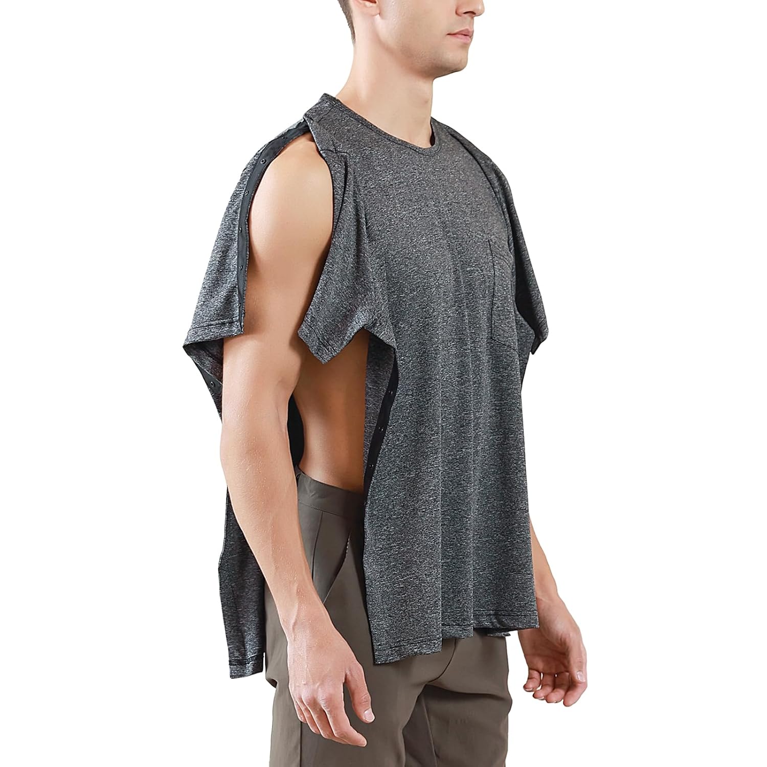 Post Shoulder Surgery Shirts Short Sleeve Chemo Shirts for Port Access Unisex Crewneck Tear Way Rehab Recovery T-Shirt with Right & Left Side Snaps Arm Open Dialysis Clothing - Image 2