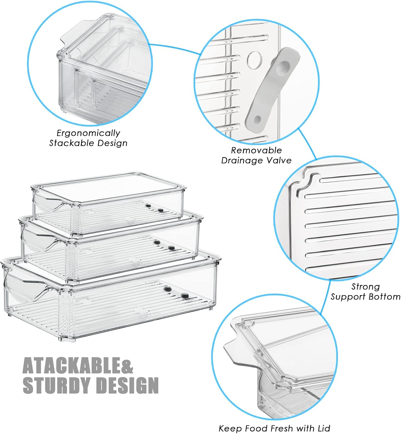Fridge Organisers Bins Set of 3, Stackable Clear Fridge Storage Containers with Lids, Plastic Refrigerator Storage Box for Kitchen Pantry Freezer Cupboards