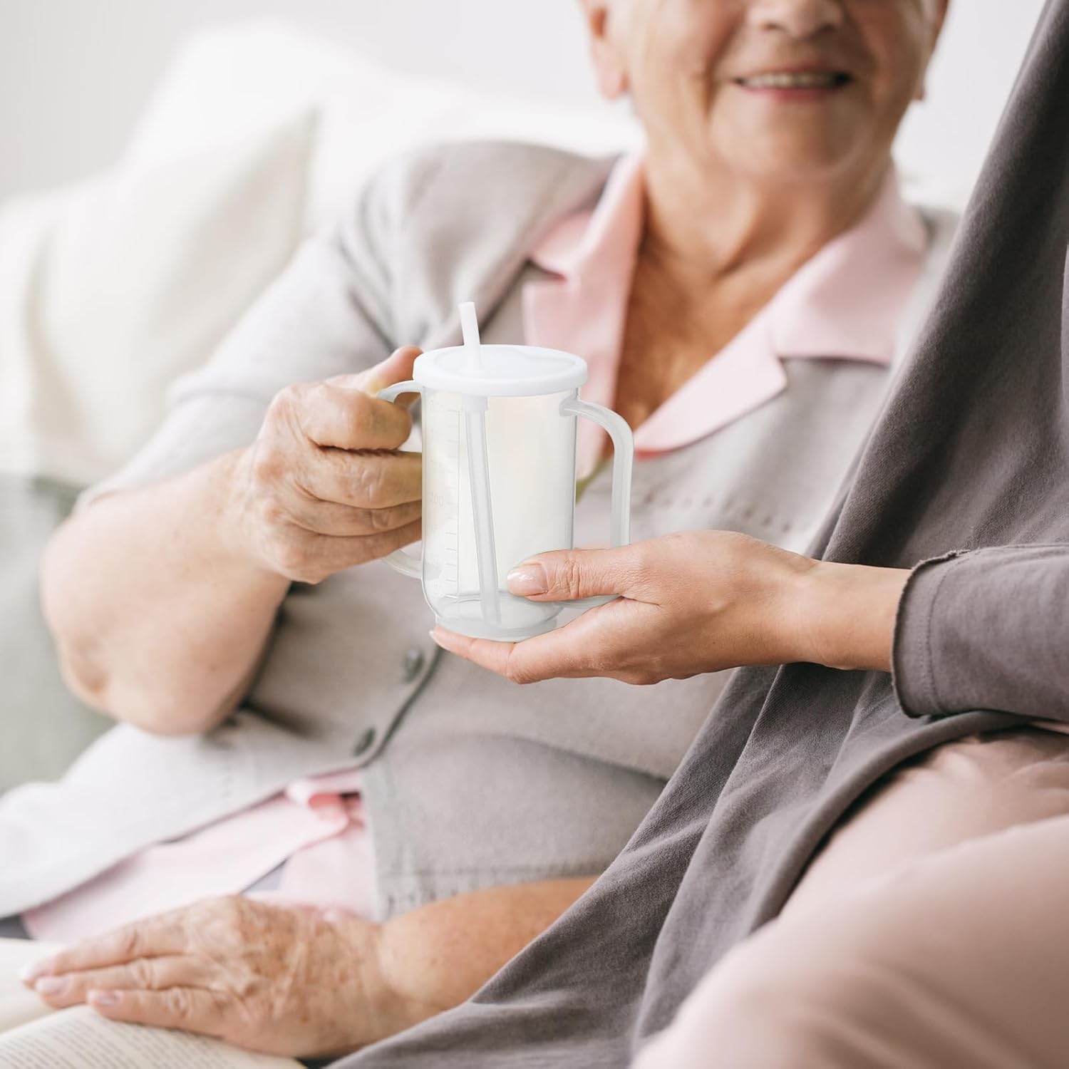 Sliner Adult Sippy Cups for Elderly 12 oz Straw Sippy Cups with 2 Handles No Spill for Adults Spill Proof Dysphagia Cup for Disabled Patients(White) - Image 3