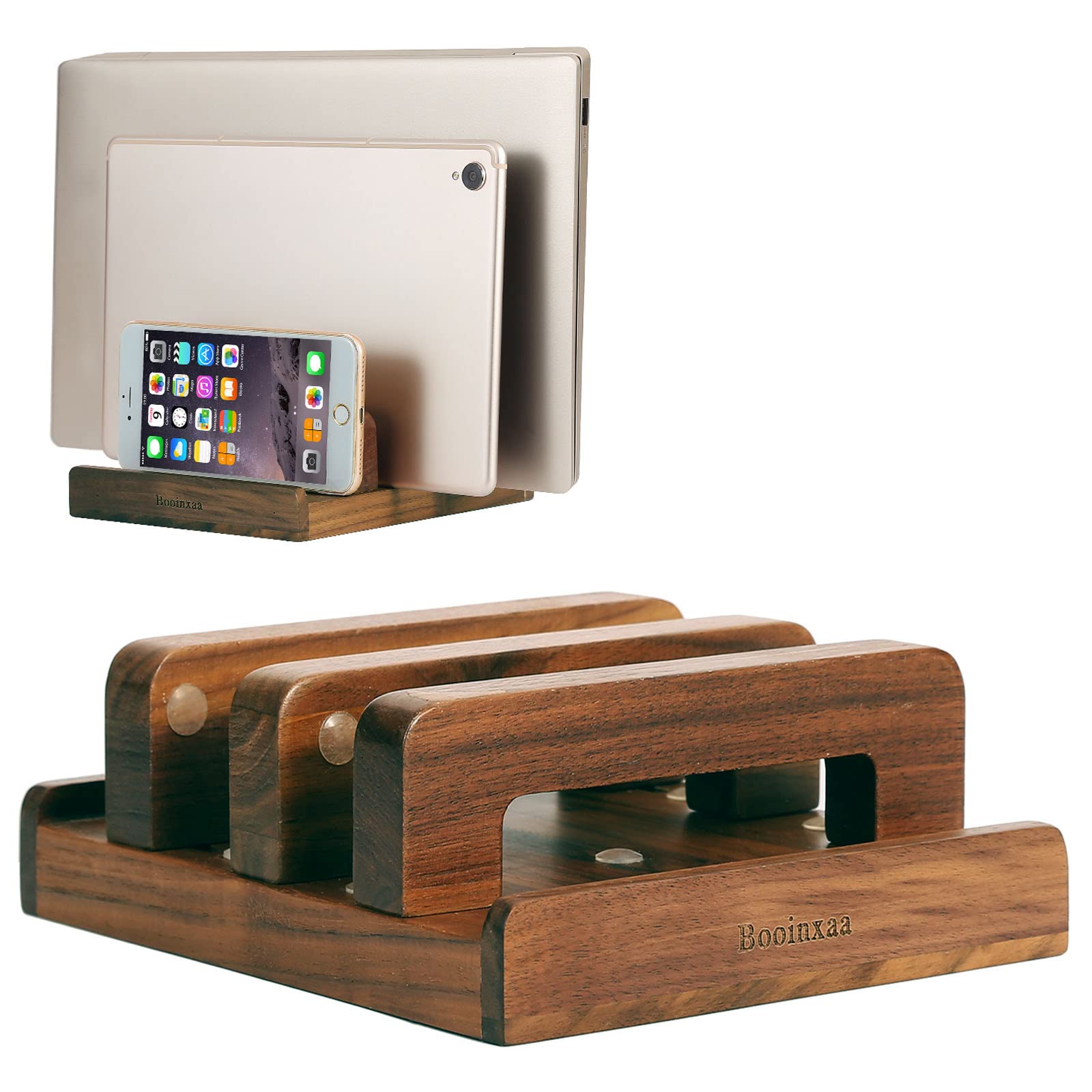 Booinxaa Vertical Laptop Holder - Adjustable Dock, Compatible with All MacBook Pro Air iPad Surfaces, Upright Laptop Stand for Desk, Handmade, Walnut Wood