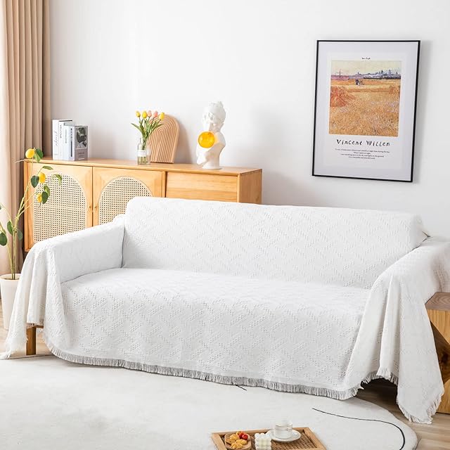 LHGOGO Throws for Sofas Large Throws for Settees, Sofa Throws Large 3 Seater 180x300cm Extra Large Reversible Woven Blanket Throw - White