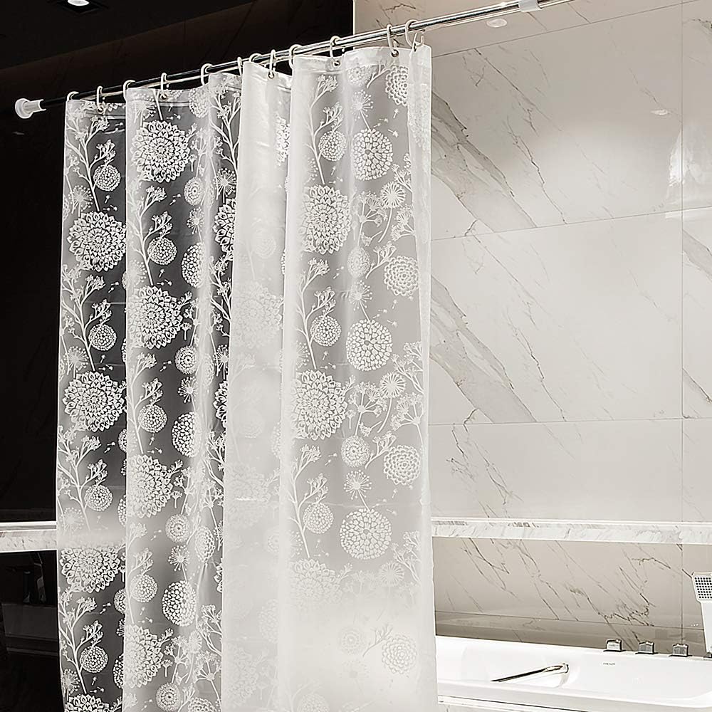 Shower Curtain Liner PEVA 5G White Clear Dandelion with 12 Shower Curtain Hooks and Rust Proof Grommets (Clear Dandelion, 72x72)