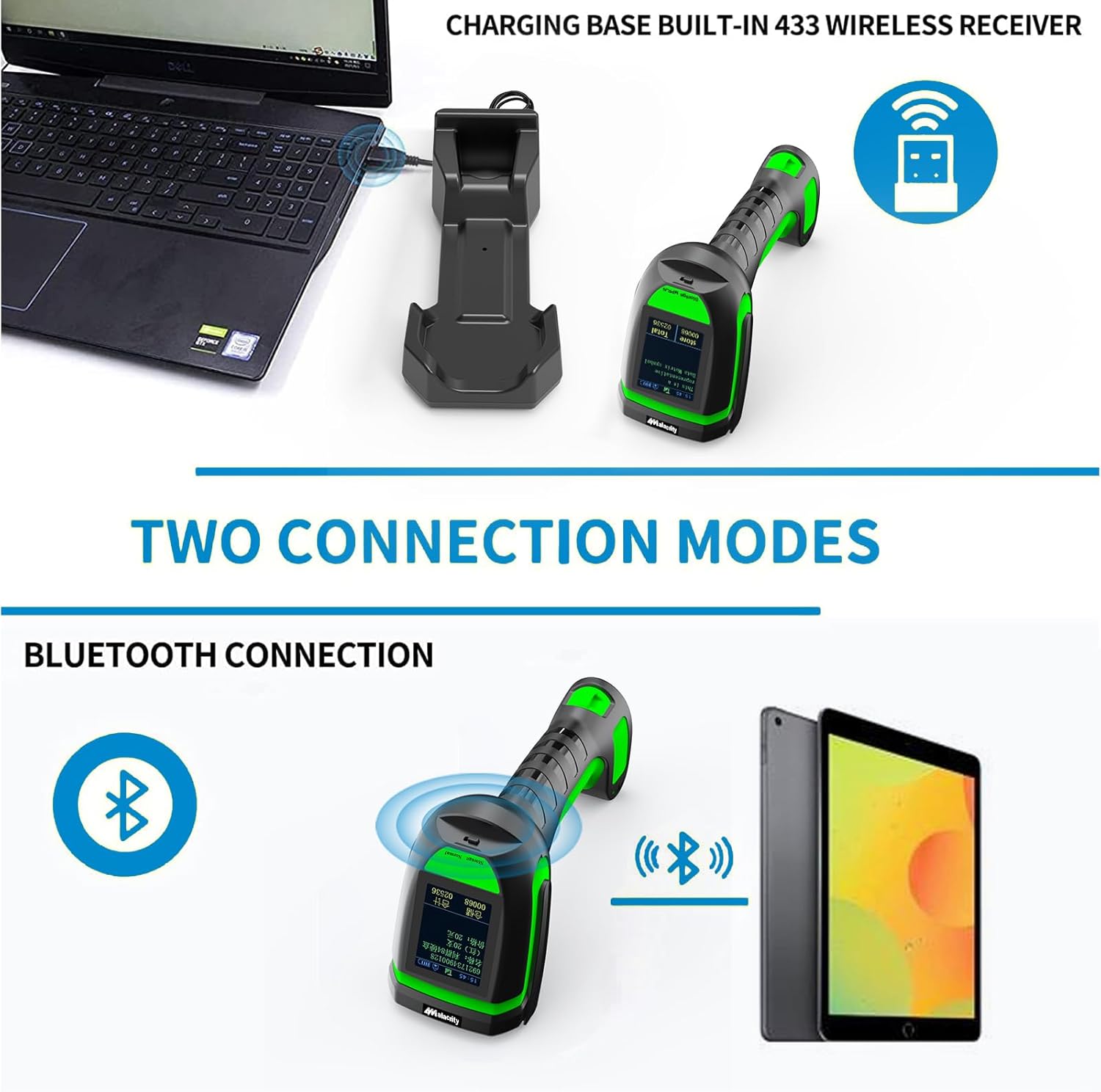 Image illustrating two connection modes: 433MHz wireless via charging base connected to a laptop, and Bluetooth connection directly to a tablet.