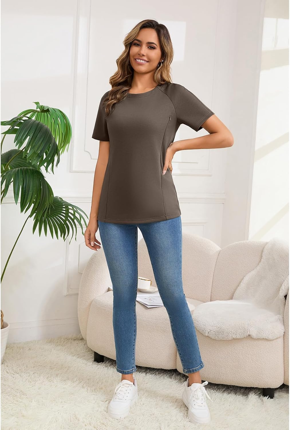 GINKANA Nursing Tops Breastfeeding Tshirt for Women Mama Zipper Distressed Loose-Fit Tee Pregnancy Clothes - Image 3