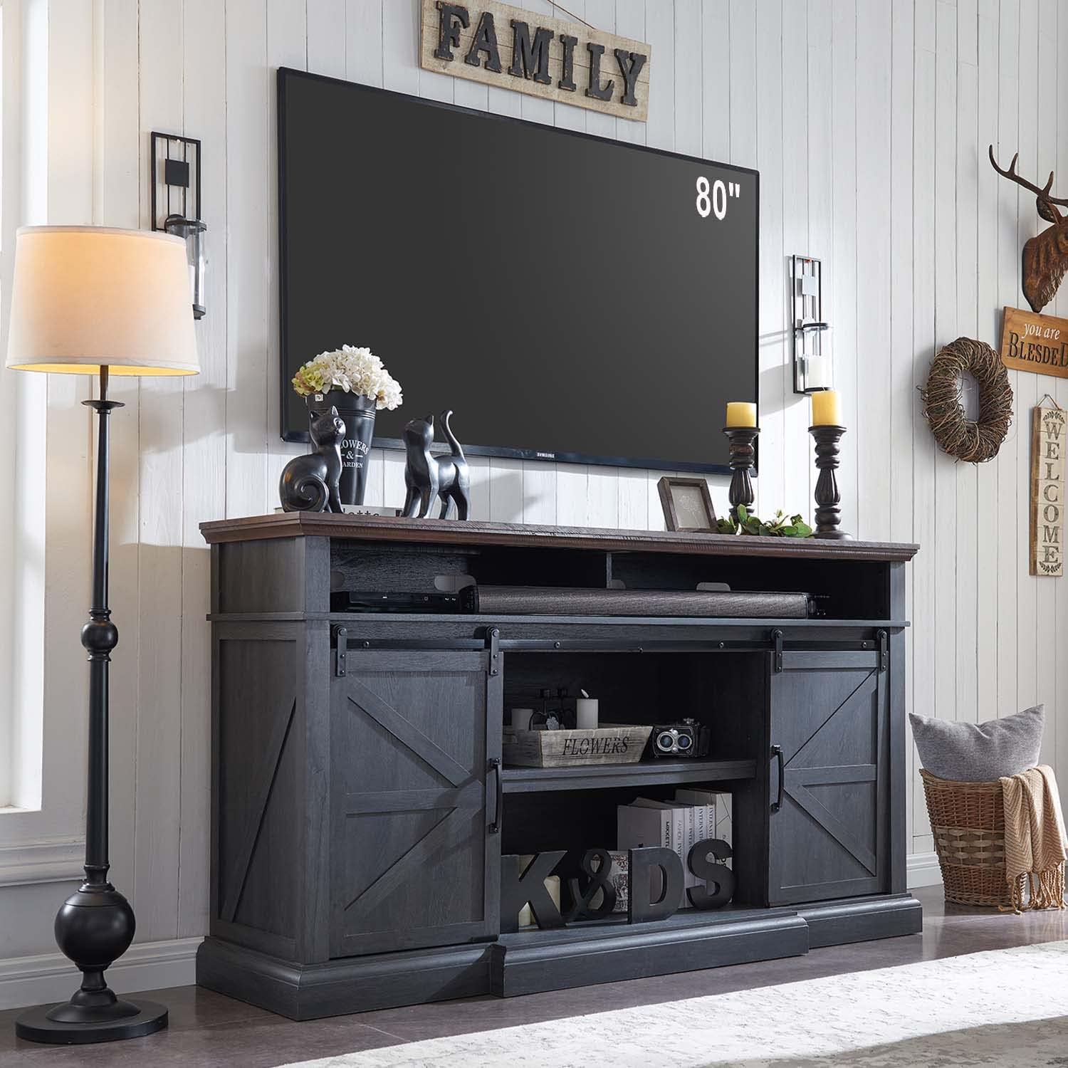 Farmhouse TV Stand for 80 Inch TVs, 39" Tall Entertainment Center w/Double Sliding Barn Door, Large Media Console Cabinet w/Soundbar & Adjustable Shelves for Living Room, 70inch, Dark Grey