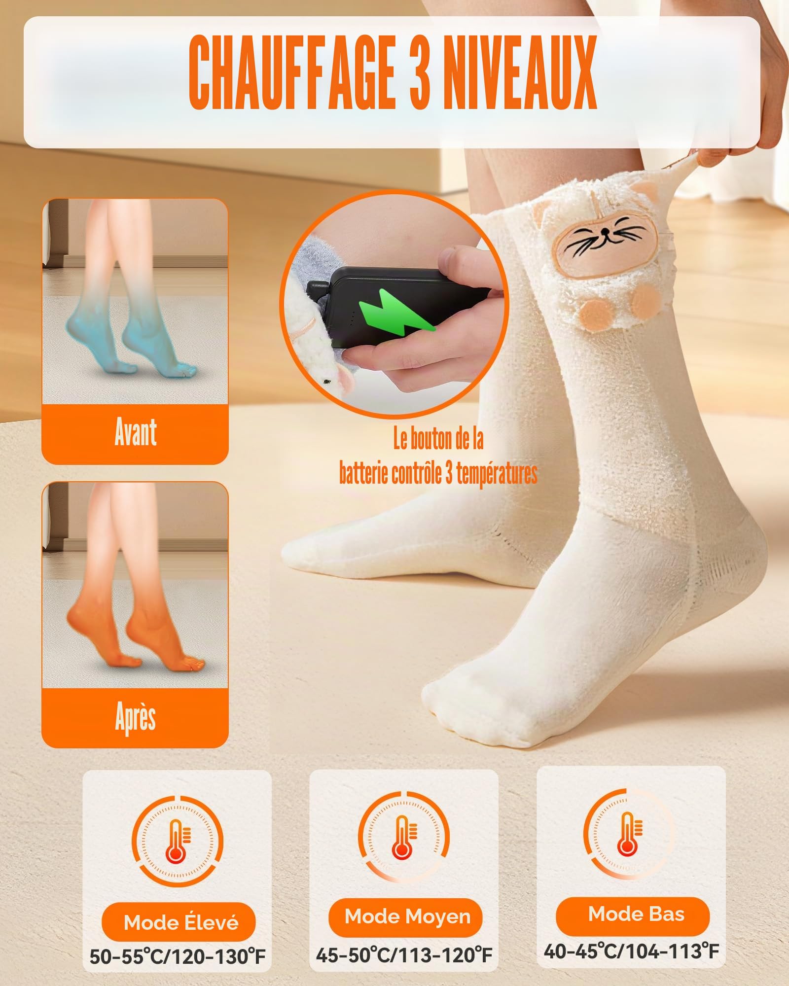 Chaussettes Chauffantes Femme – Chaussettes Électriques Confortables avec Technologie de Chauffage Améliorée et Batterie 4000mAh, 3 Niveaux de Chauffe pour Maison & Quotidien (Pas pour Ski)
