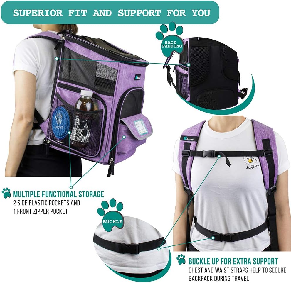 PetAmi Pet Carrier Backpack for Small Cats, Dogs, Puppies | Airline Approved | Ventilated, 4 Way Entry, Safety and Soft Cushion Back Support | Collapsible for Travel, Hiking, Outdoor (Purple) : Pet Supplies