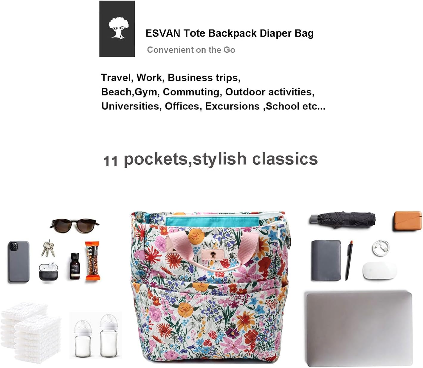 ESVAN Diaper Tote Bag Totepack Backpack Crossbody Bag 3 in 1 for Women Laptop Backpack Multifunctional with Insulated Pockets