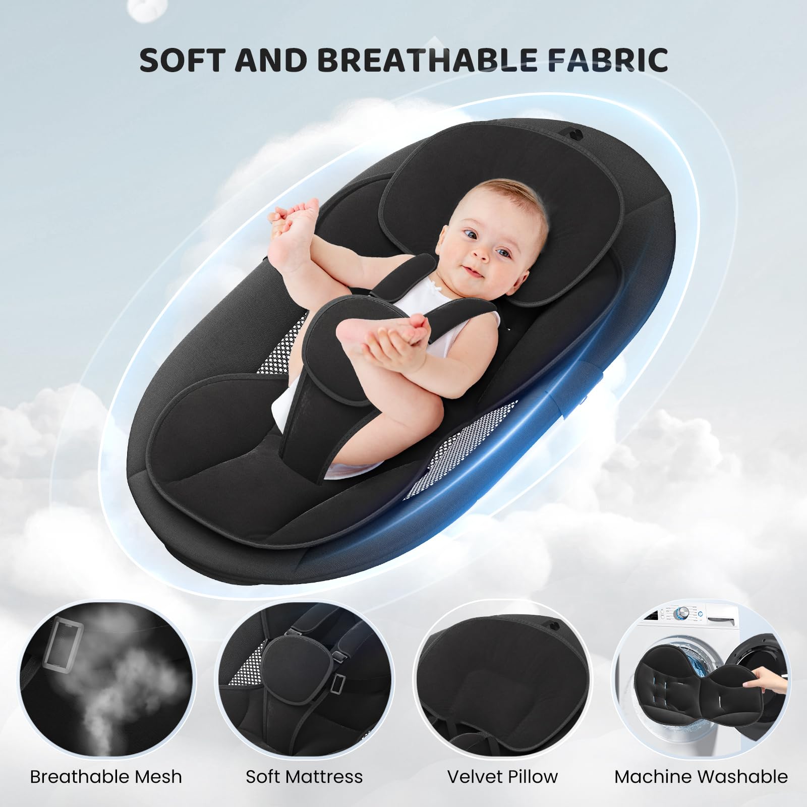 Transat Bébé Electrique – APP & Télécommande Balancelle Bébé Electrique, Balancelle pour Baby Avec 3 Minuteries, 5 Vitesses de Balançoire, 10 Musiques, Bluetooth Transat Baby (APP Noir)
