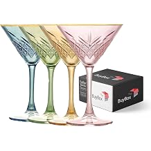 Set of 4 Vintage Colorful Martini Glasses with Gold Rim 7.7oz/230ml Cocktail Glasses, Martini Espresso, Margarita, and Prosecco, Long Stemmed Champagne Cup
