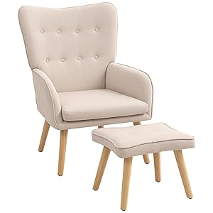 HOMCOM Sillón con Reposapiés Sillón Lectura con Respaldo Alto Capitoné Asiento Amplio Patas de Madera y Tapizado en Lino Butaca para Salón Dormitorio Oficina Beige