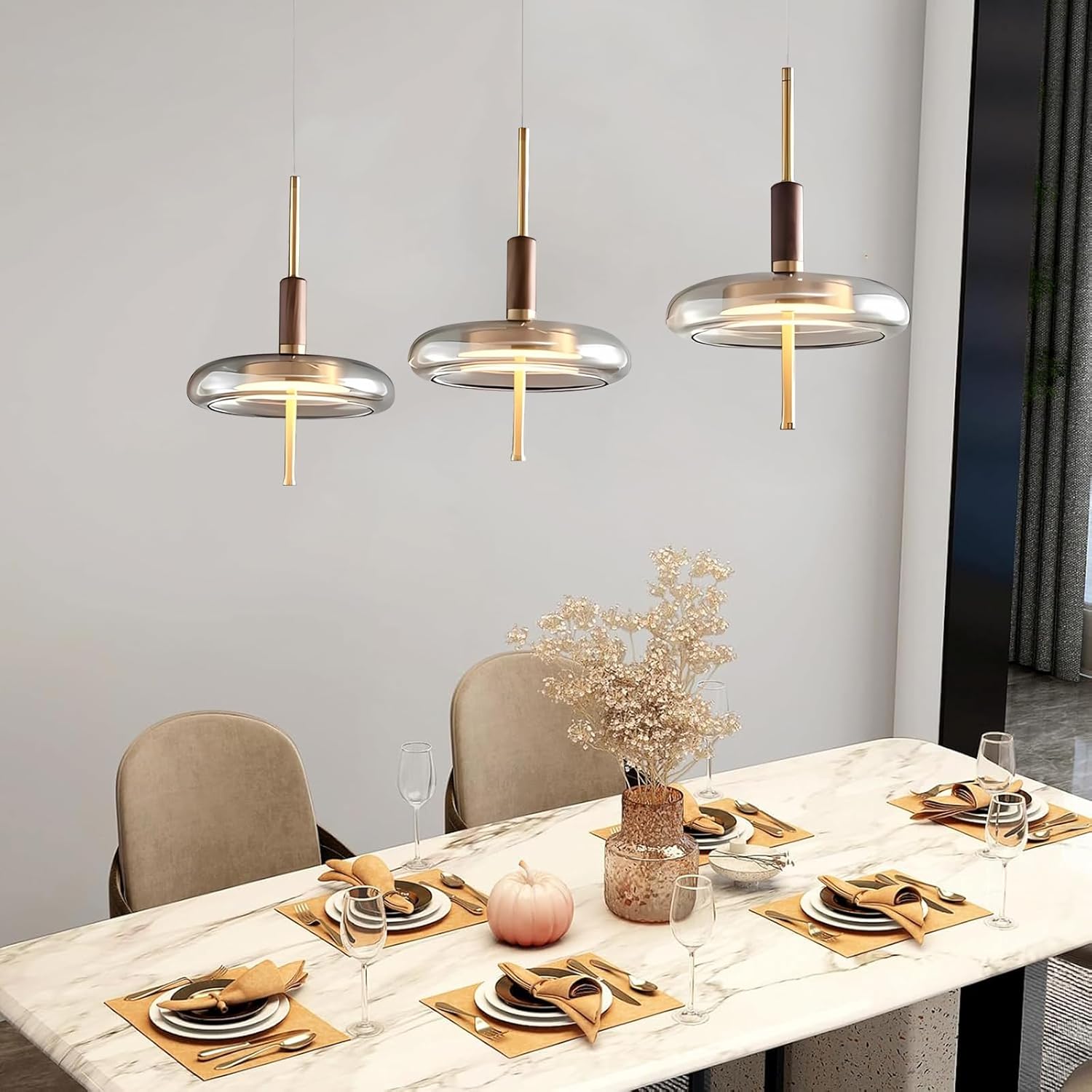 SOMINA Modern Glass LED Pendant Light, 3 Lights Adjustable Suspension Fixture with Dimmable Warm White, Minimalist Chandelier for Dining Area, Kitchen Island & Bedside Lighting