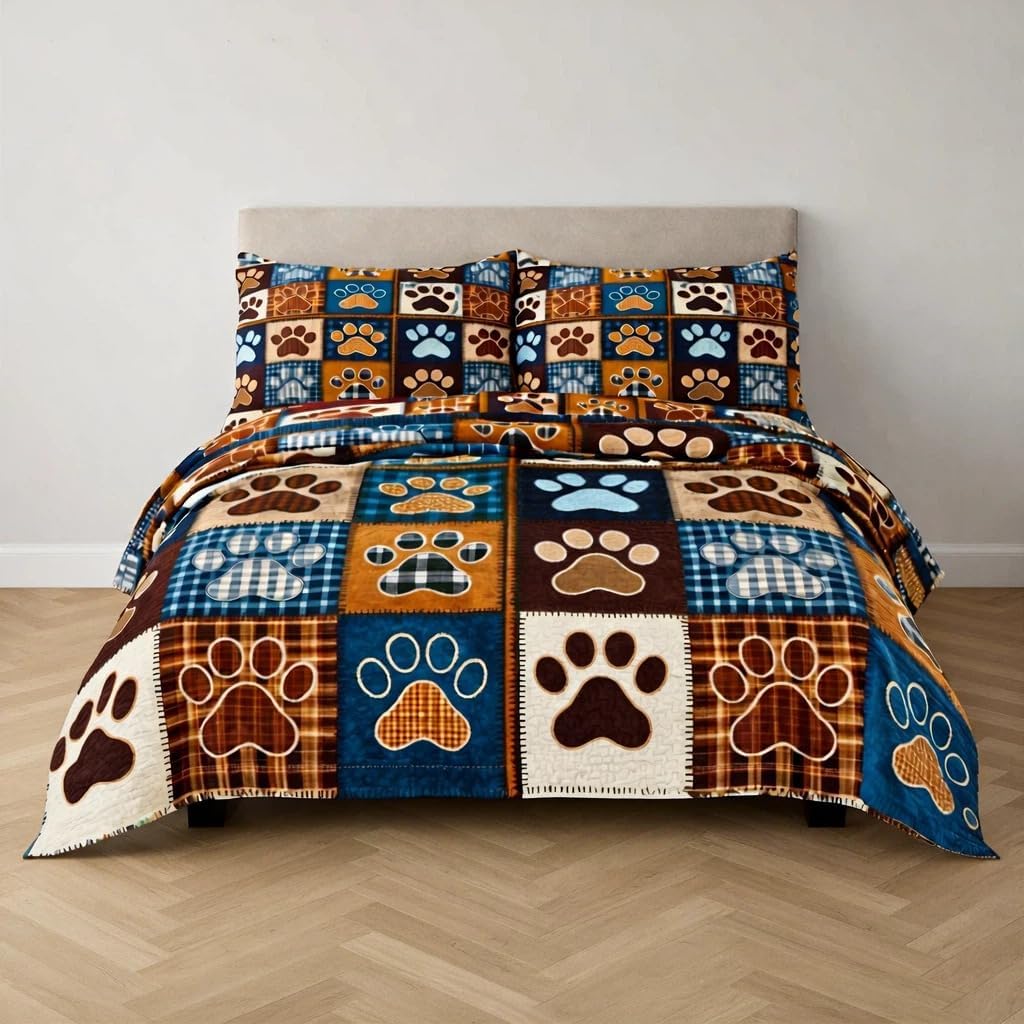 Patchwork Quilt Set King Size, Blue Brown Dog Paw Bedspread, Soft Lightweight Microfiber Bedding Set, Farmhouse Rustic Coverlet, All Season 3 Piece (Dog Paw, King)
