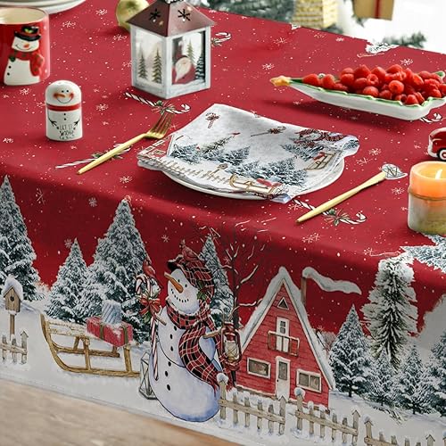 Miniatura 4 de Horaldaily Mantel de Navidad de 60 x 120 pulgadas, casa de muñeco de nieve de invierno, árboles de Navidad, color rojo, lavable, para fiesta,
