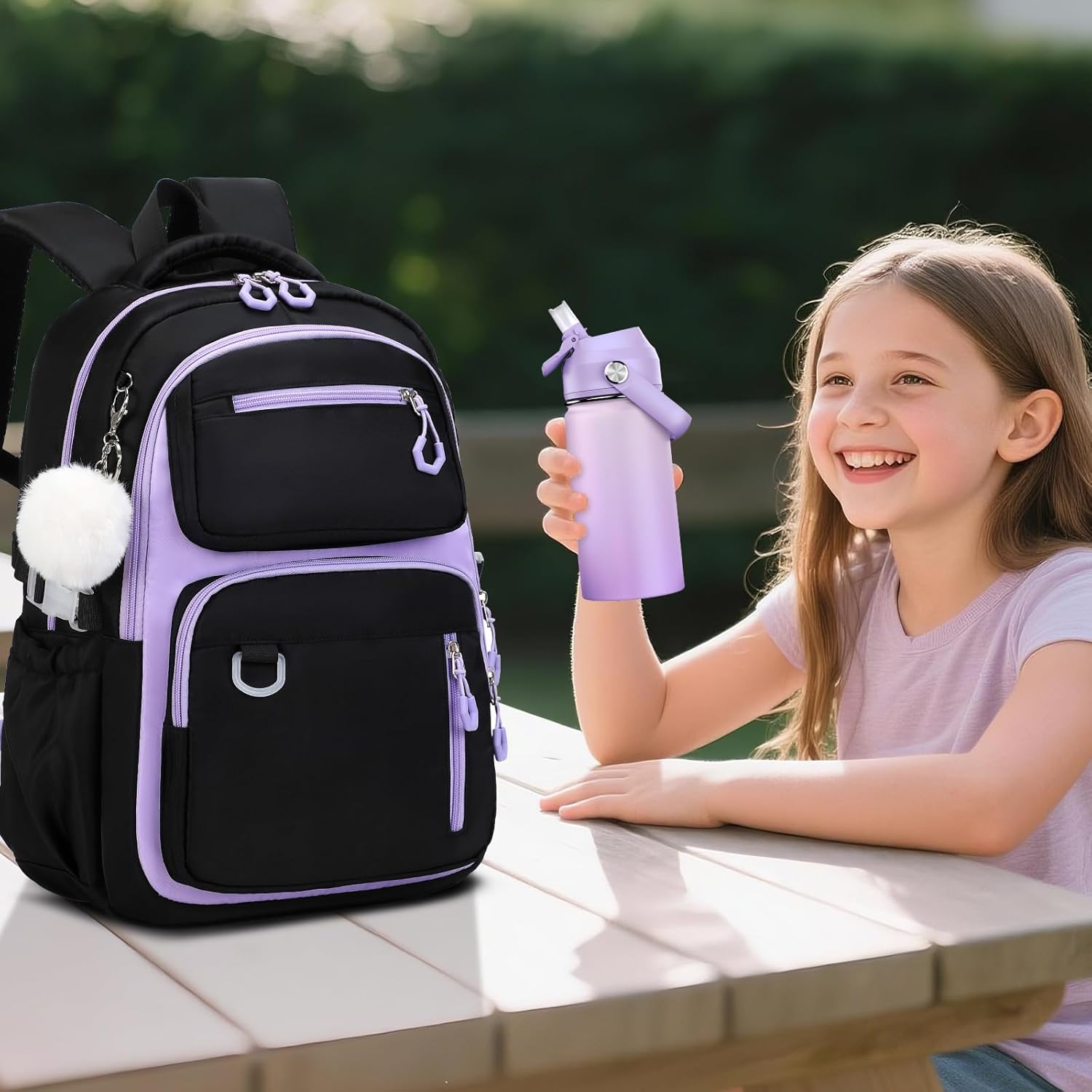 Bevalsa School Backpack for Girls, Bookpack with 14oz Insulated Water Bottle, Lunch Bag & Pen Case, Schoolbag for Kids & BPA-FREE Stainless Steel Metal Cup for Elementary Middle Student (Black Purple) - Image 7