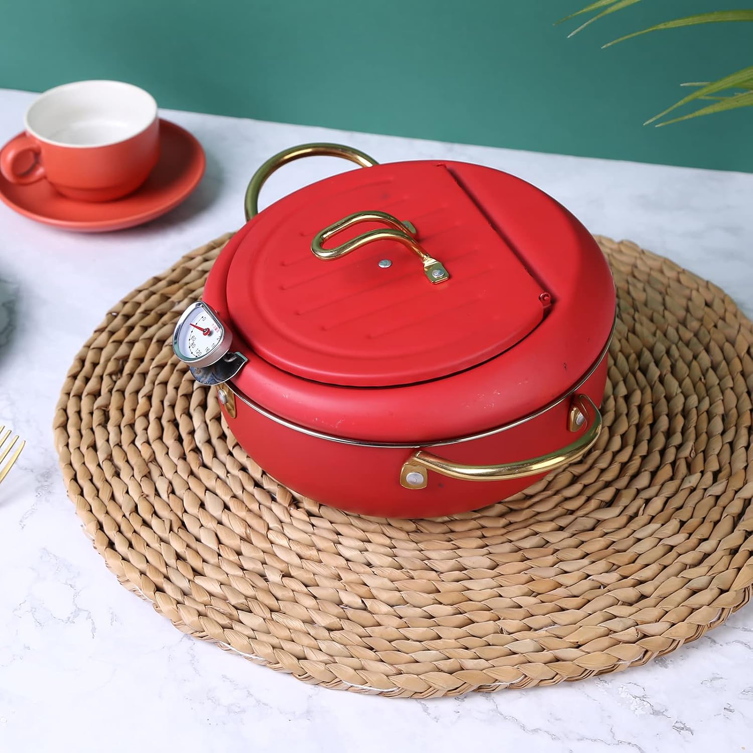 Olla para freidora – Olla para freidora Tempura estilo japonés, sartén de acero inoxidable 304 con termómetro, tapa, escurridor de aceite, olla para freidora Tempura para cocina