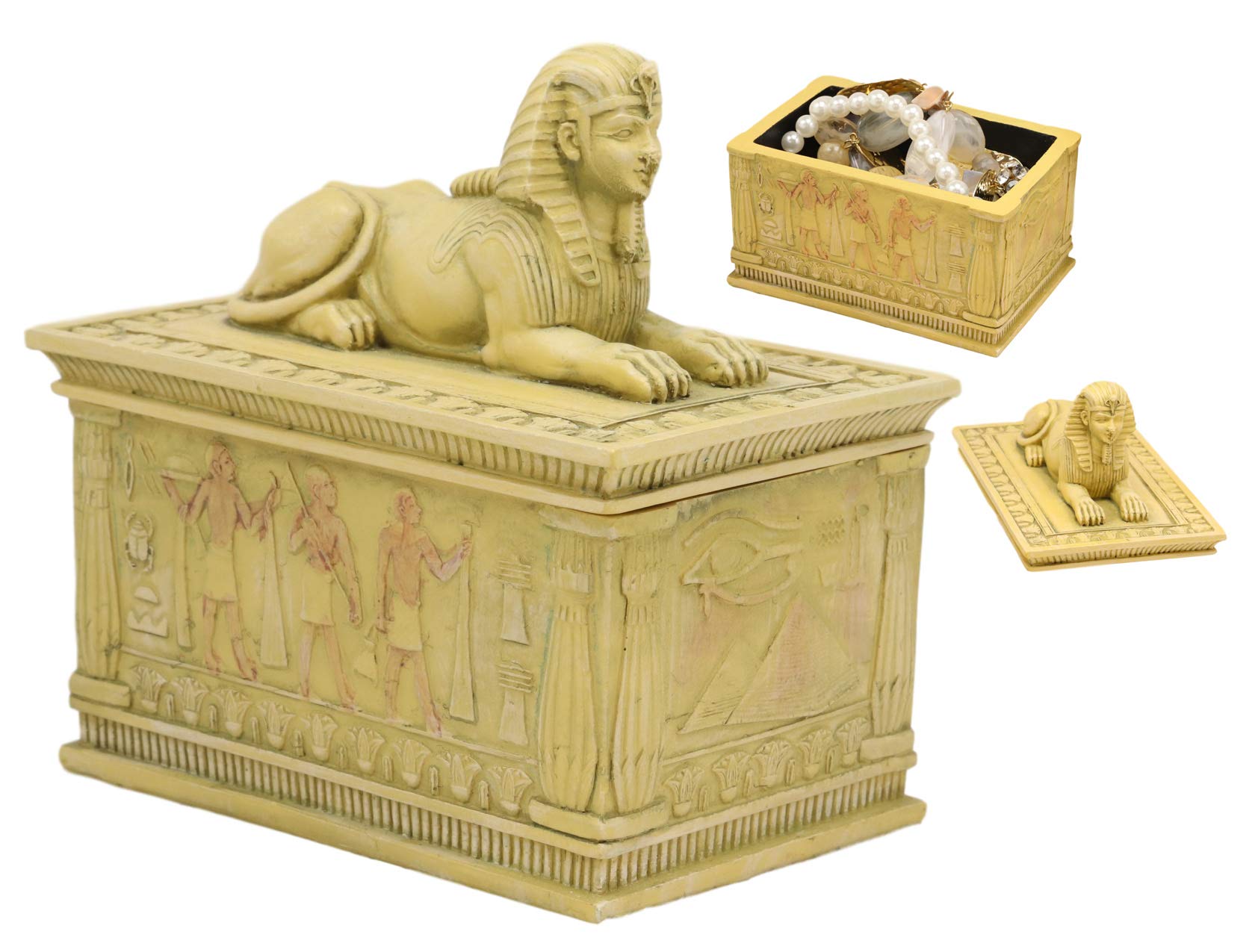 Ebros Egyptian Guardian Sphinx Decorative Rectangular Box In Sandstone Finish 4.25" Long Classical Egypt Monument Androsphinx With Hieroglyphic Deities Jewelry Trinket Box Sculpture