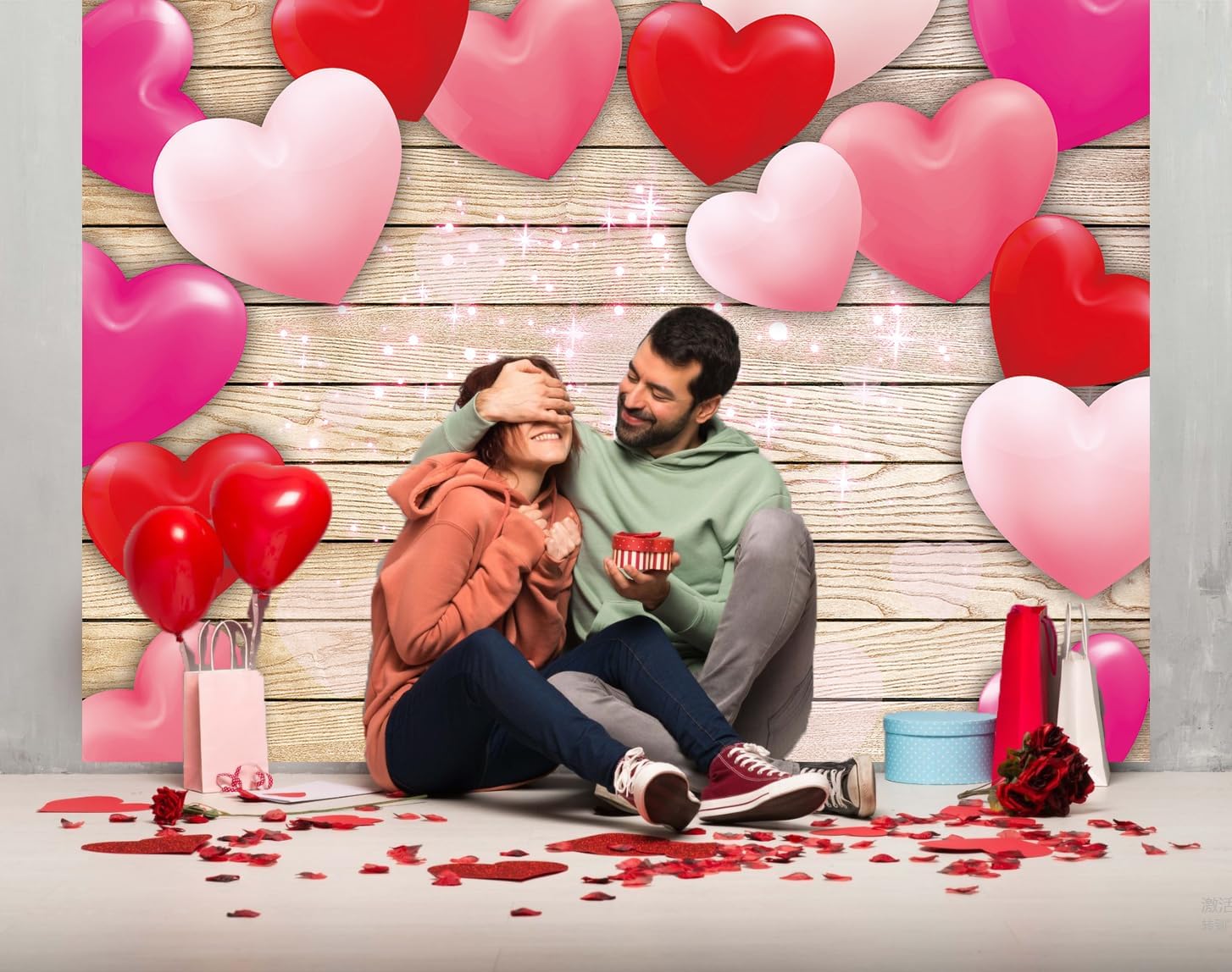 Valentine's Day Photography Backdrop 7x5FT Pink Heart Backdrop Wooden Glitter Lights Red Love Heart Balloons Background for Valentine's Day Baby Shower Party Wall Decorations Banner