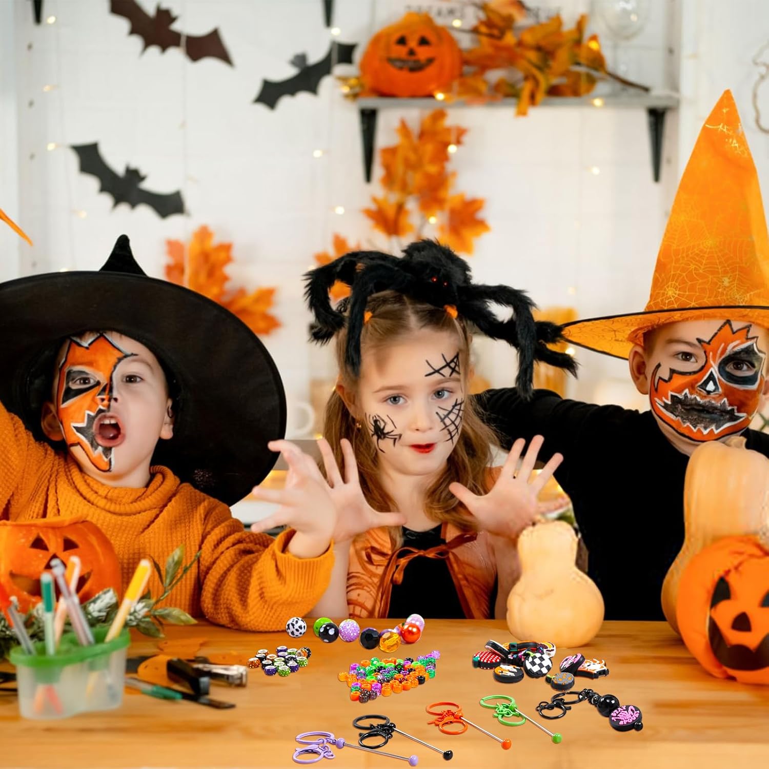 296 Pcs Halloween Beadable Keychains Bar Set DIY Multicolor Blank Beadable Keychains, Keychain Bars with Silicone Beads Spacer Beads Suitable for Bead Keychain Making for Halloween DIY Gift