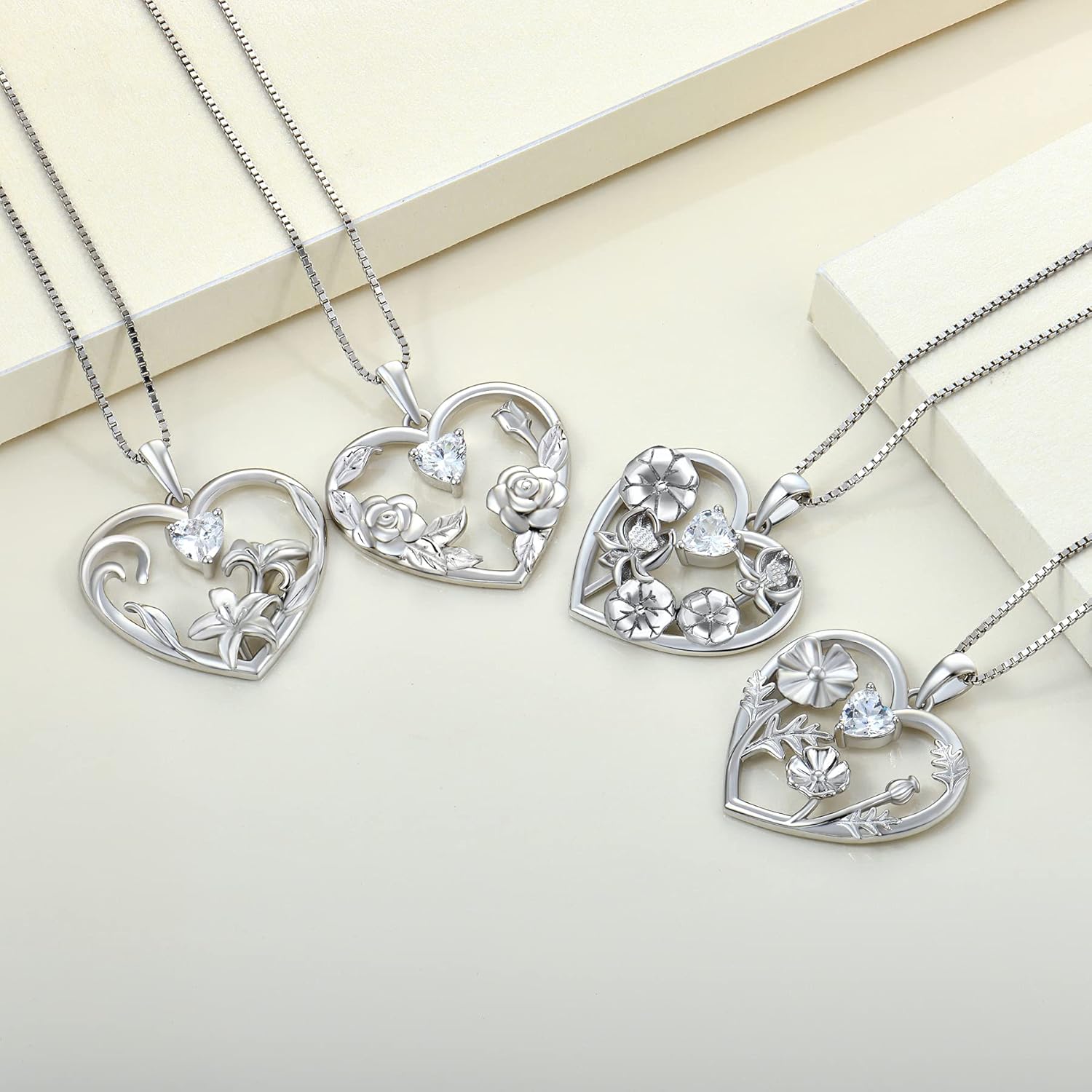 YL Women's Birth Flower Necklace 925 Sterling Silver Love Heart Pendant Gemstones Jewelry - Image 5