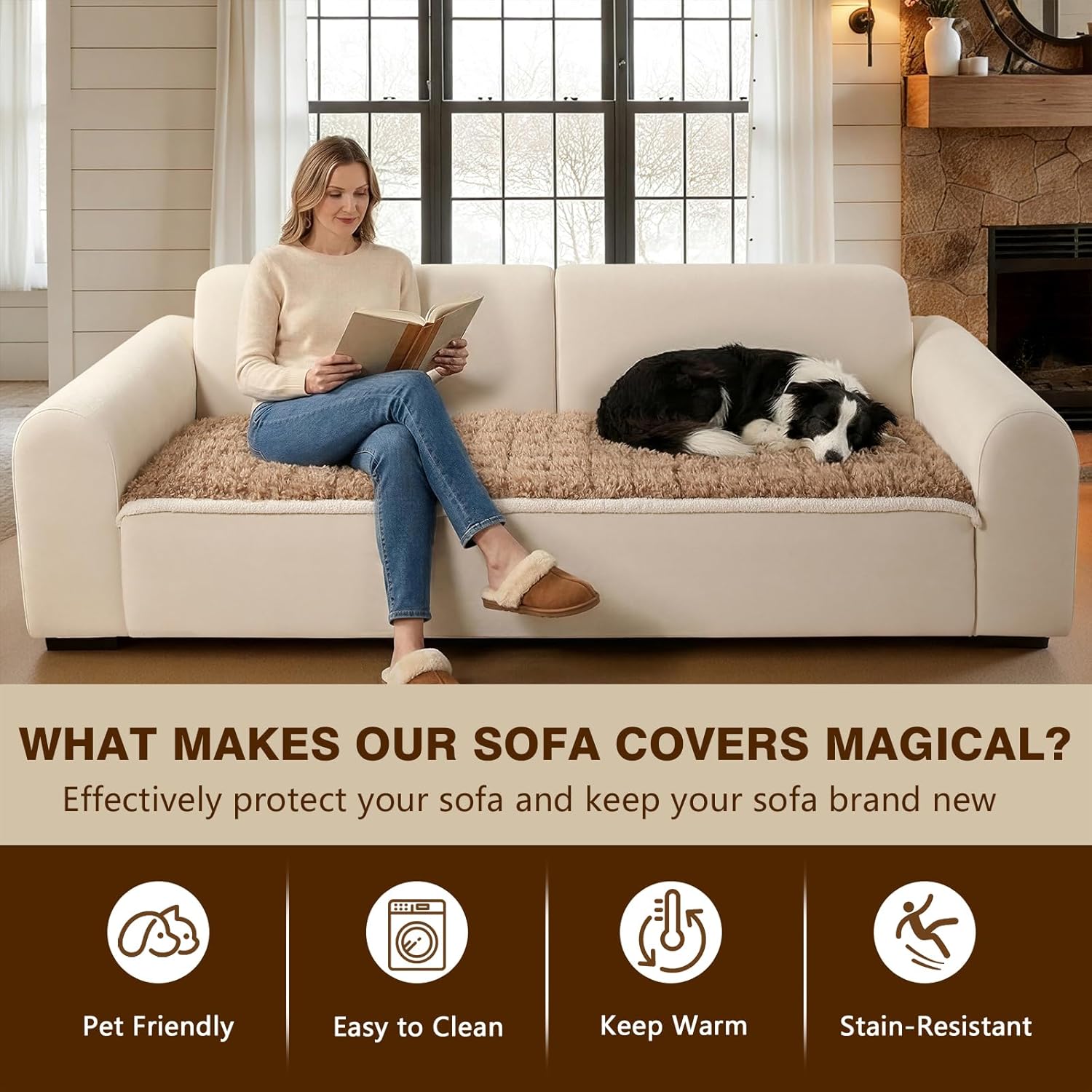 OHSIO Couch Cover for Pets, Washable Non-Slip Sofa Cover Pet Friendly, Soft Fuzzy Teddy Fleece Sofa Slipcover for 2 Cushion Sofa Furniture Protector (Light Brown, 27.6" x 59")