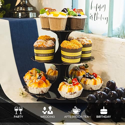 Miniatura 5 de Soporte para cupcakes de 3 niveles, torre de exhibición de postres de cartón negro, mango de corazón con borde festoneado, para boda, cumpleaños,