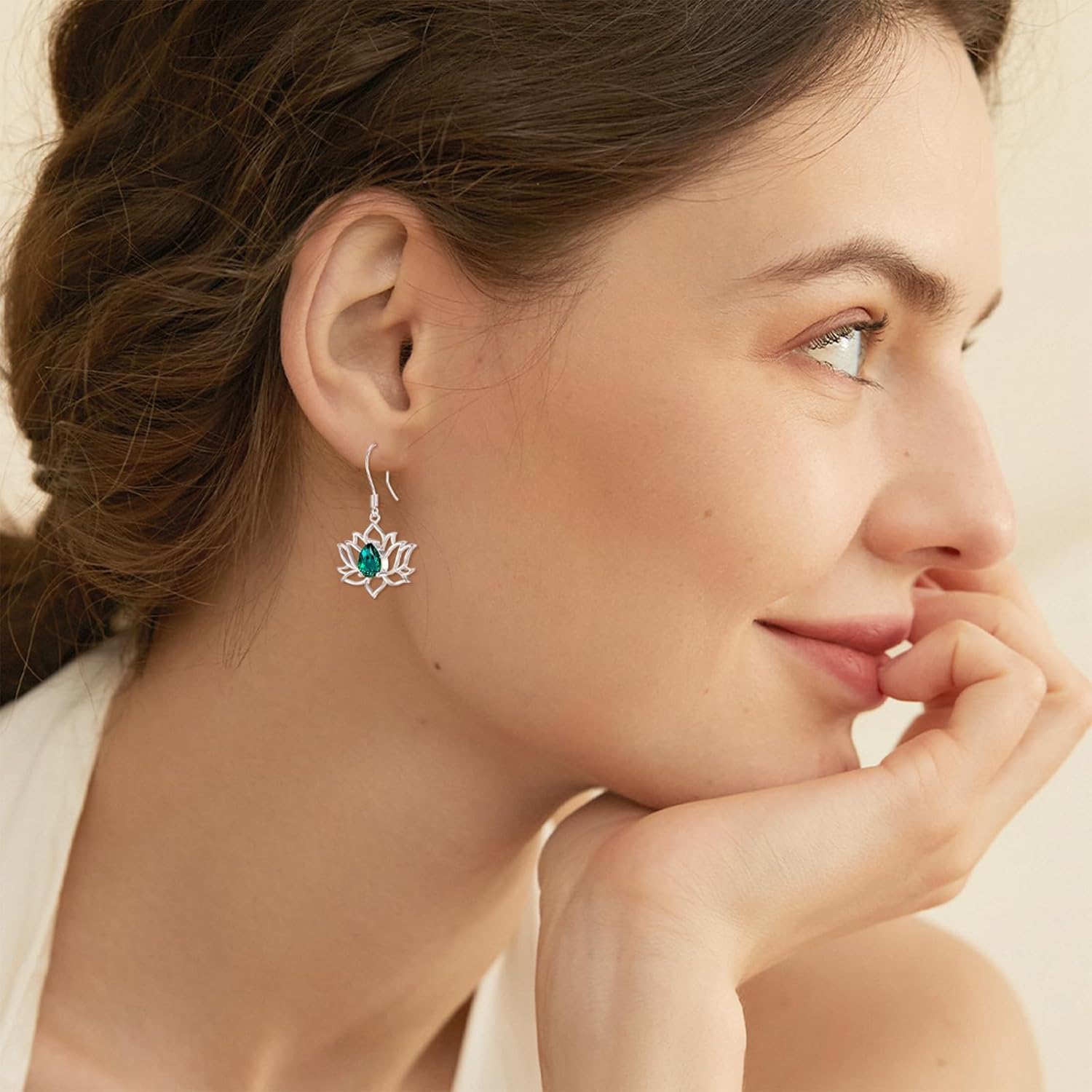 Lotus Flower Earrings 925 Sterling Silver 7 X 5mm Pear Cut Emerald Lotus Flower Dangle Earrings for Women
