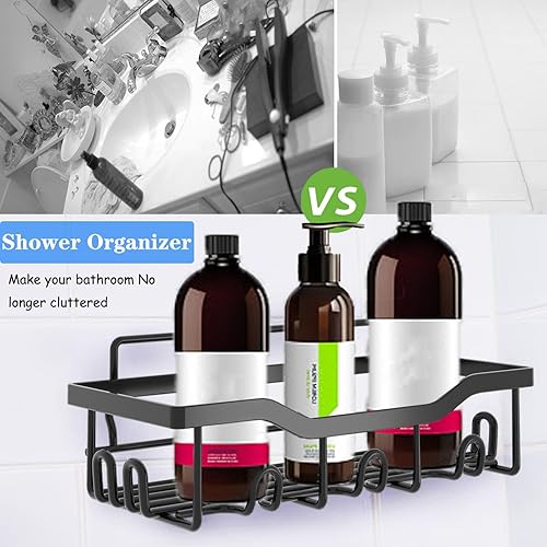 Miniatura 4 de Organizador de ducha, paquete de 2 organizadores adhesivos para ducha con 14 ganchos, 4 adhesivos, sin perforaciones, estante de ducha inoxidable