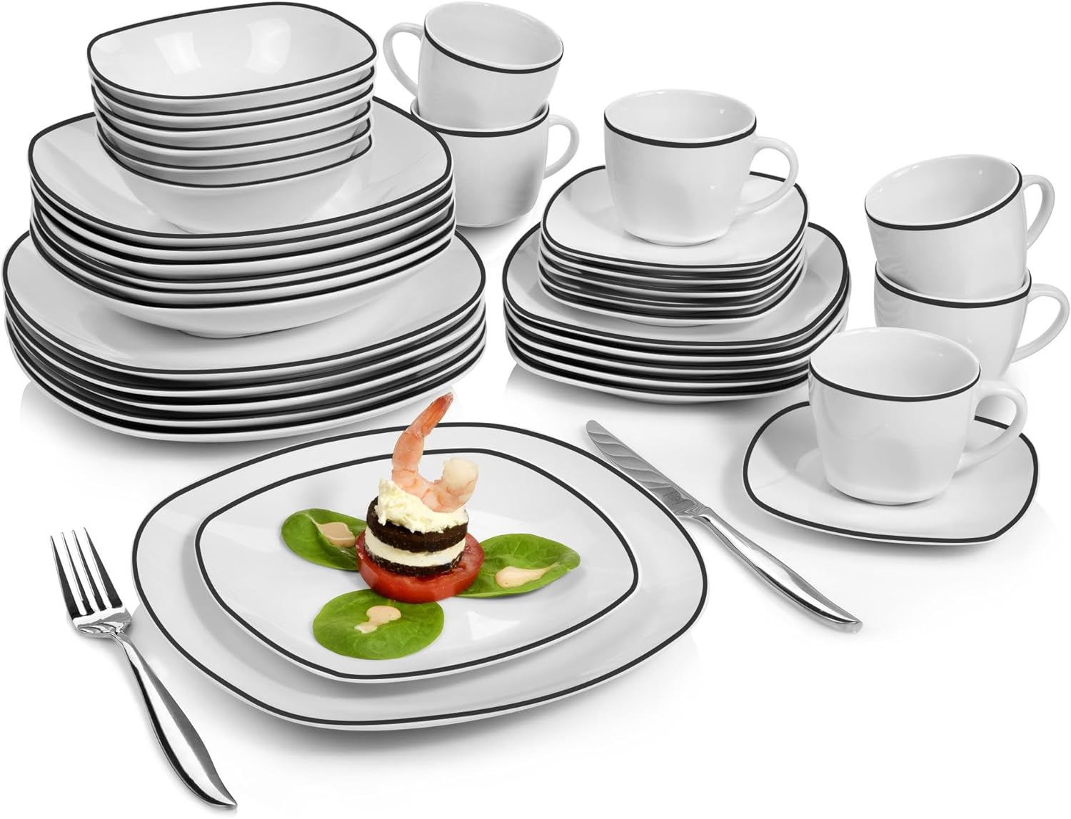 SÄNGER Kombiservice Bilgola Black Rim 36 tlg, Porzellan Geschirrset 6