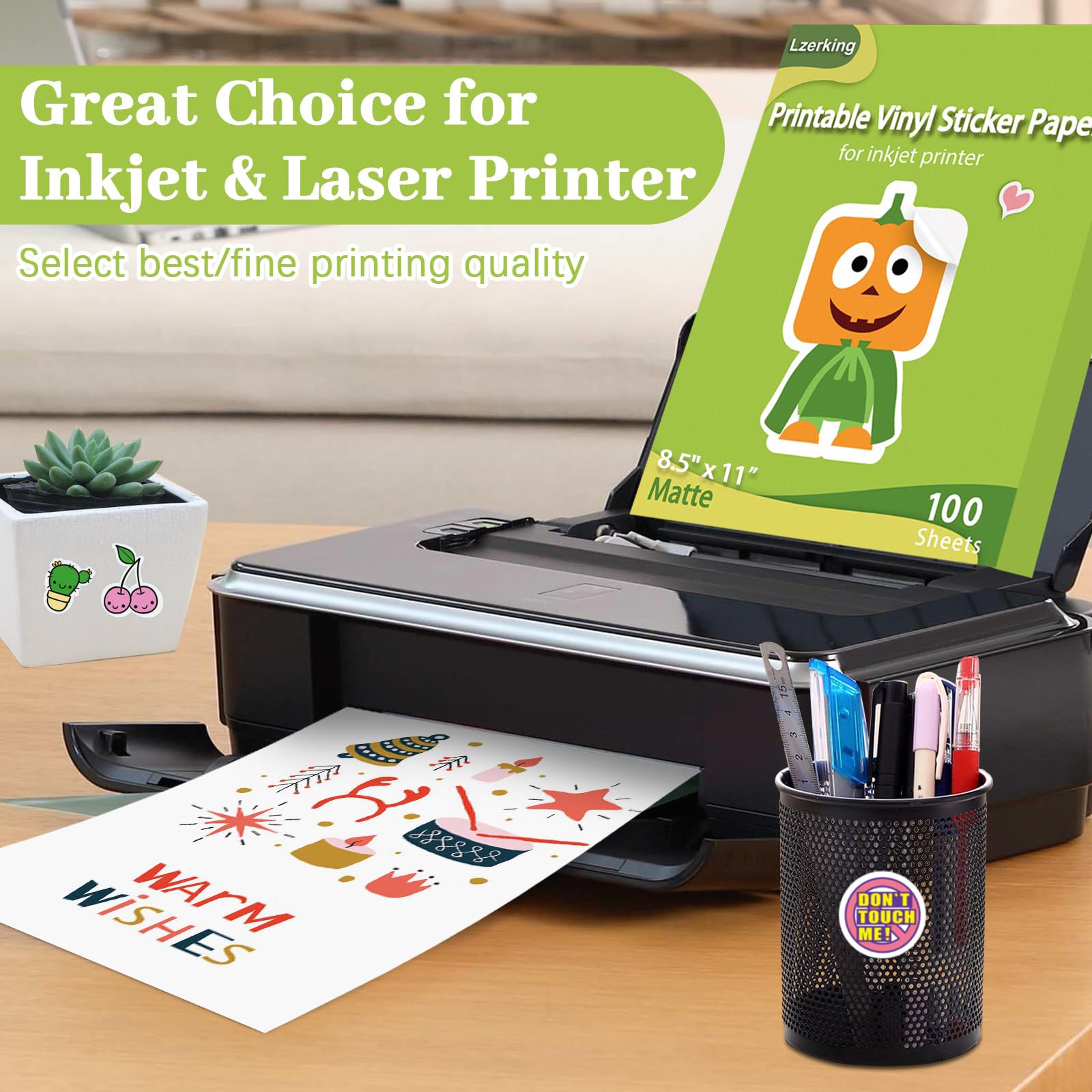 Papel adhesivo de vinilo imprimible para impresora de inyección de tinta, 100 hojas, color blanco mate, impermeable, 8.5 x 11 pulgadas