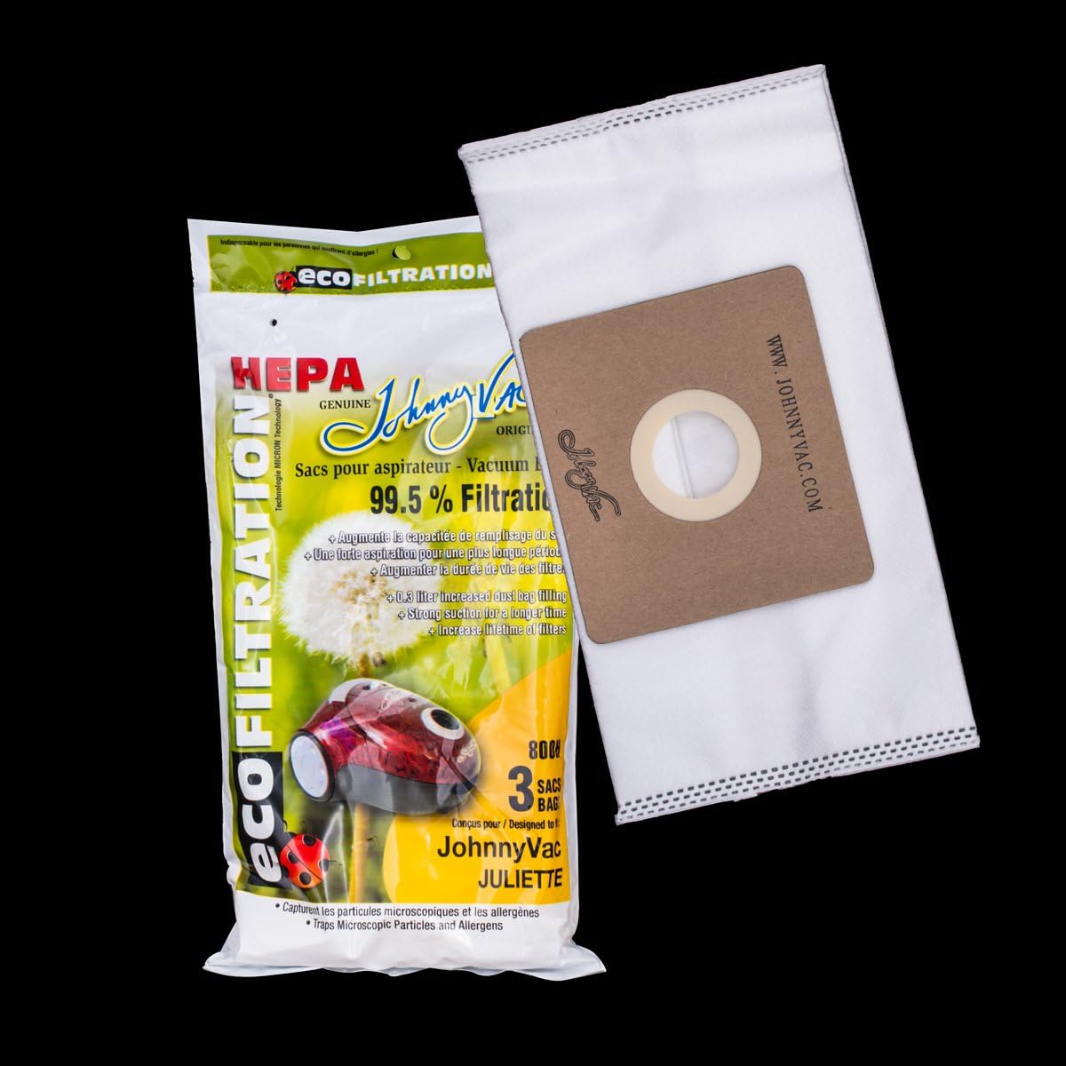 Johnny Vac 3-Pack Eco Filtration HEPA Vacuum Bags for Juliette, Paper, Lightweight, White, 3 Unit / 0.01 Ounces