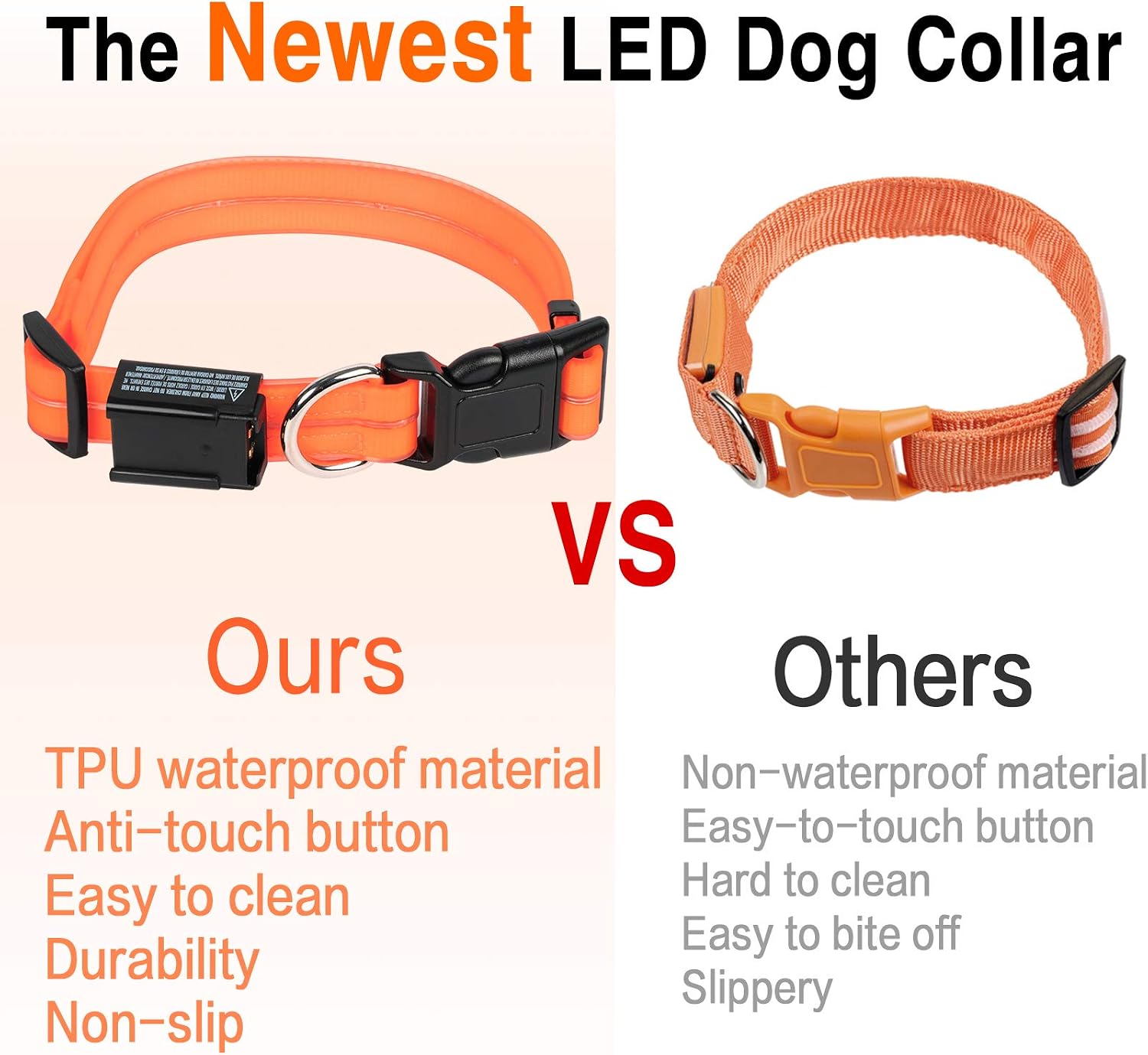 LED Dog Collar, Light Up Dog Collars USB Rechargeable Waterproof Safety Glowing Lighted Dog Collars for Medium Large Dogs Pets, Orange