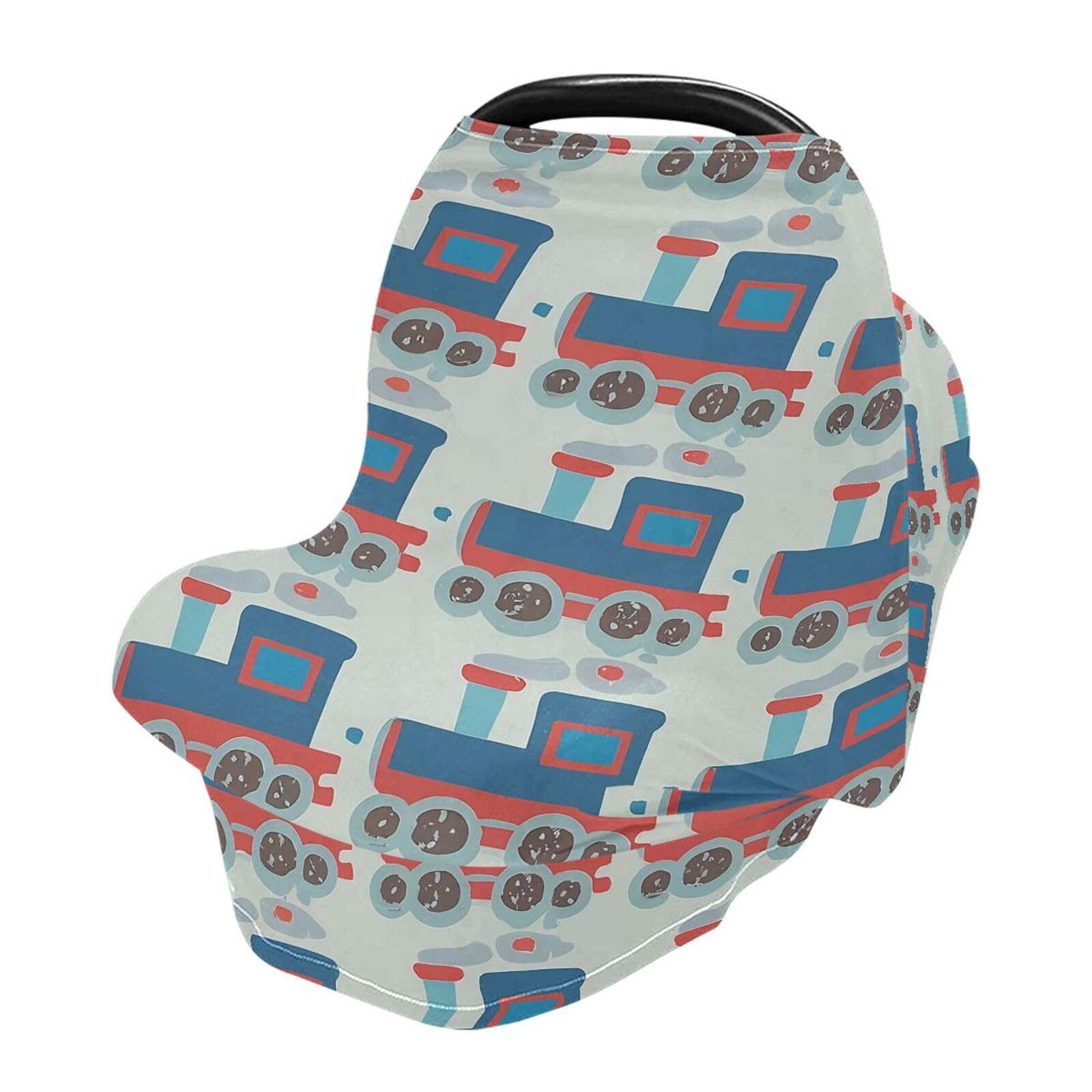 Nesatuwa Baby Car Seat Cover Bule Trains Breastfeeding Covers Stretchy Breathable Multi-Use Cover Carseat Canopy for Girls and Boys