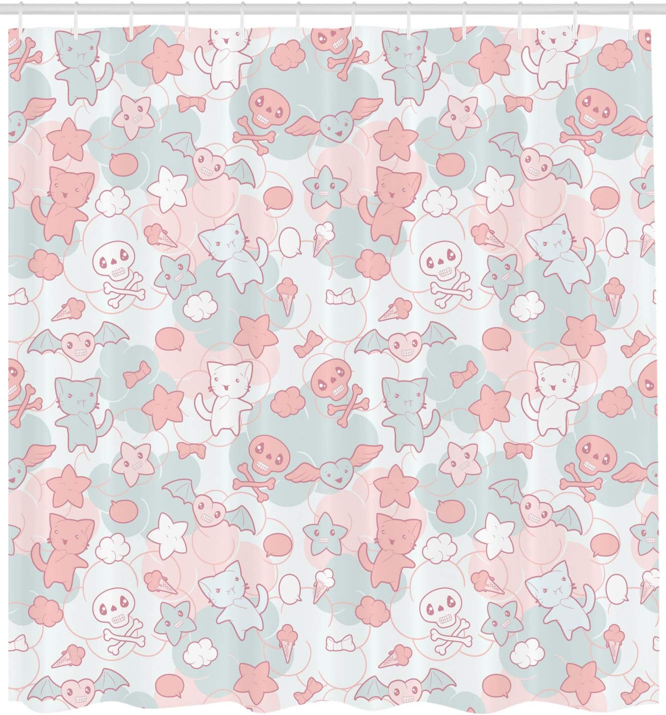 Ambesonne Cartoon Shower Curtain, Styled Cats Bats and Skulls Japanese Inspired Kawaii Design, Cloth Fabric Bathroom Decor Set with Hooks, 69" W x 75" L, Light Pink