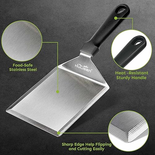 Miniatura 4 de HULISEN Espátula grande de acero inoxidable para parrilla  Espátula de metal resistente de 6 x 5 pulgadas con bordes de corte accesorios para