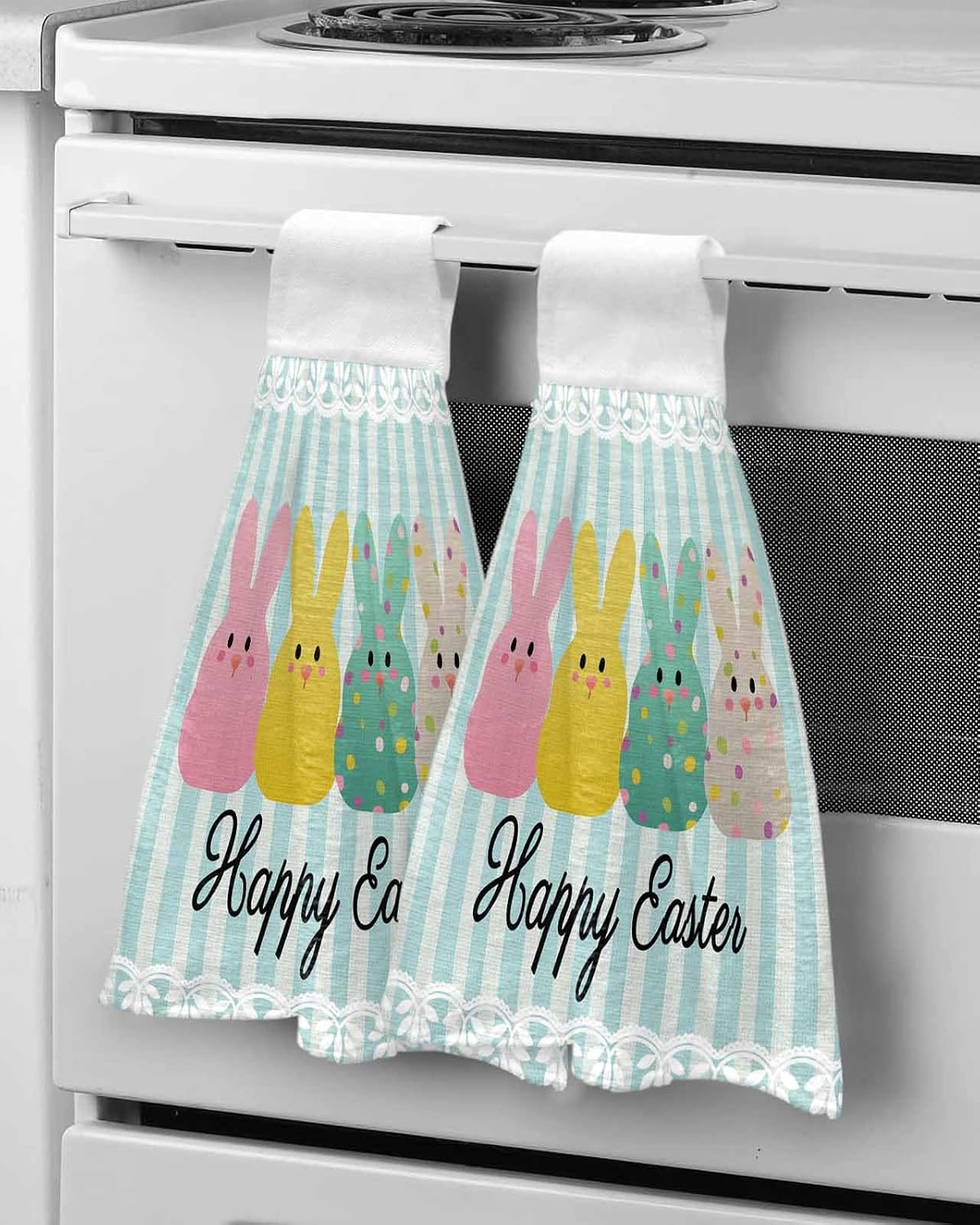 Easter Kitchen Hand Towels with Hanging Loops Set of 2 Polka Dot Bunny Farmhouse Vintage Green Striped Soft Thick Oven Fingertip Dry Microfiber Tie Dish Towel Absorbent Cleaning Washcloth for Bathroom