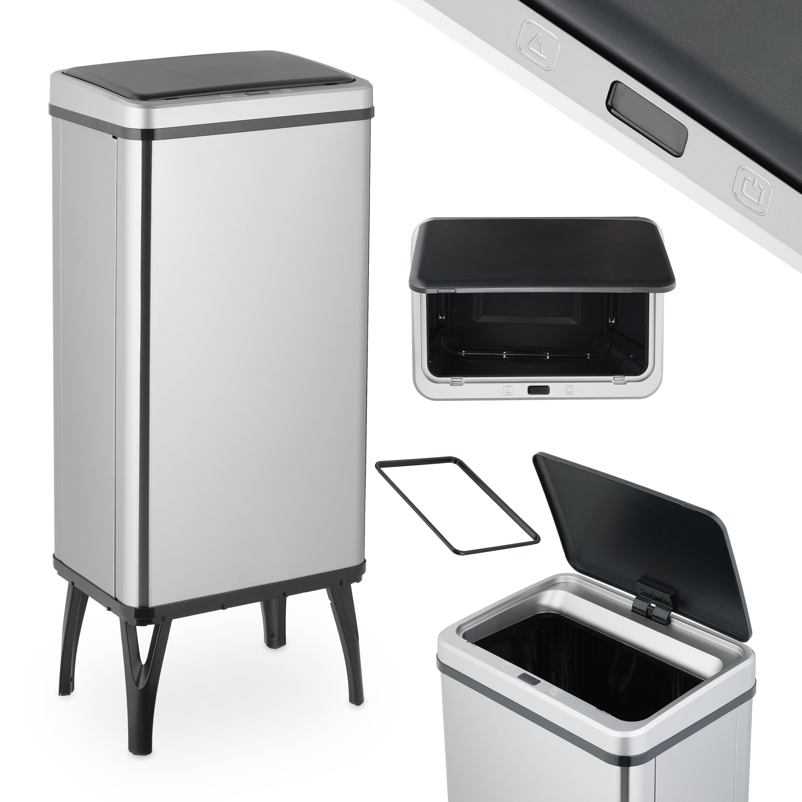 Relaxdays Mülleimer Sensor, 50 l, elektrischer Deckel, Müllbeutelhalter, Küchenmülleimer, Abfalleimer, Edelstahl, Silber