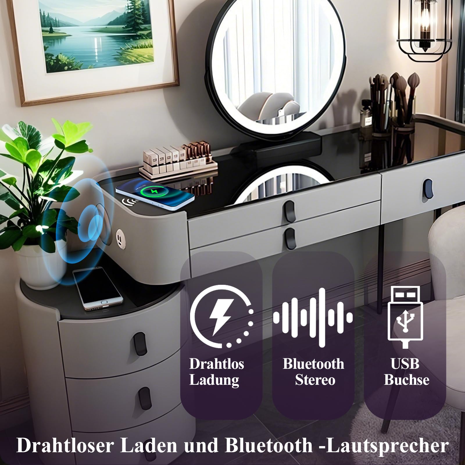 Kosmetiktisch mit Spiegel und Licht Schminktisch mit 6 Schubladen Massivholz Frisiertisch mit Stuhl, Schminktisch mit Bluetooth -Lautsprecher und Drahtloses Laden (Grau mit gehärtetem Glas A, 100CM)