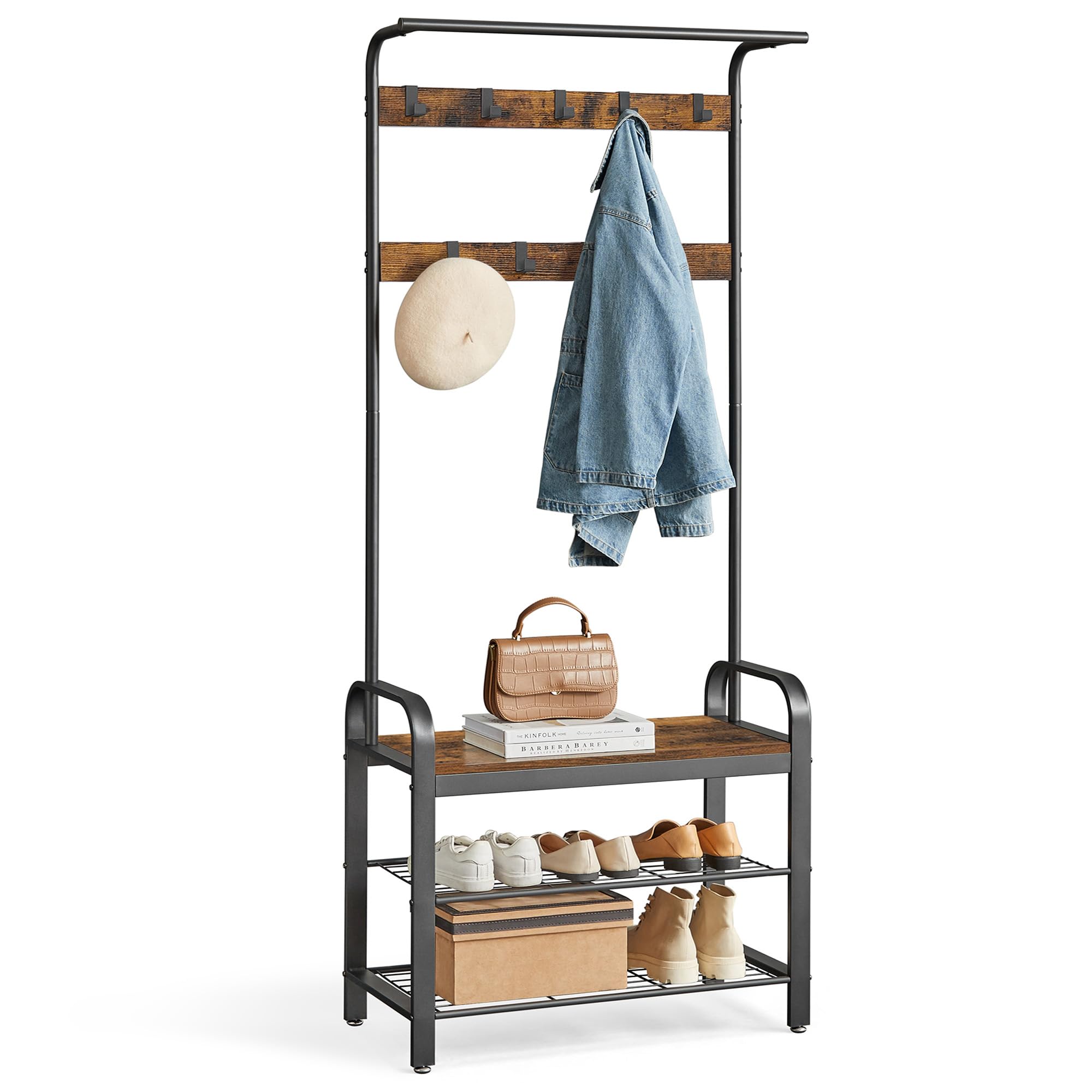 VASAGLE Coat Rack, Coat Stand with Shoe Storage Bench, 4-in-1 Design, with 9 Removable Hooks, a Clothes Rail, for Hallway, Entrance, 33.7 x 72 x 183 cm, Industrial, Rustic Brown and Black HSR40B.